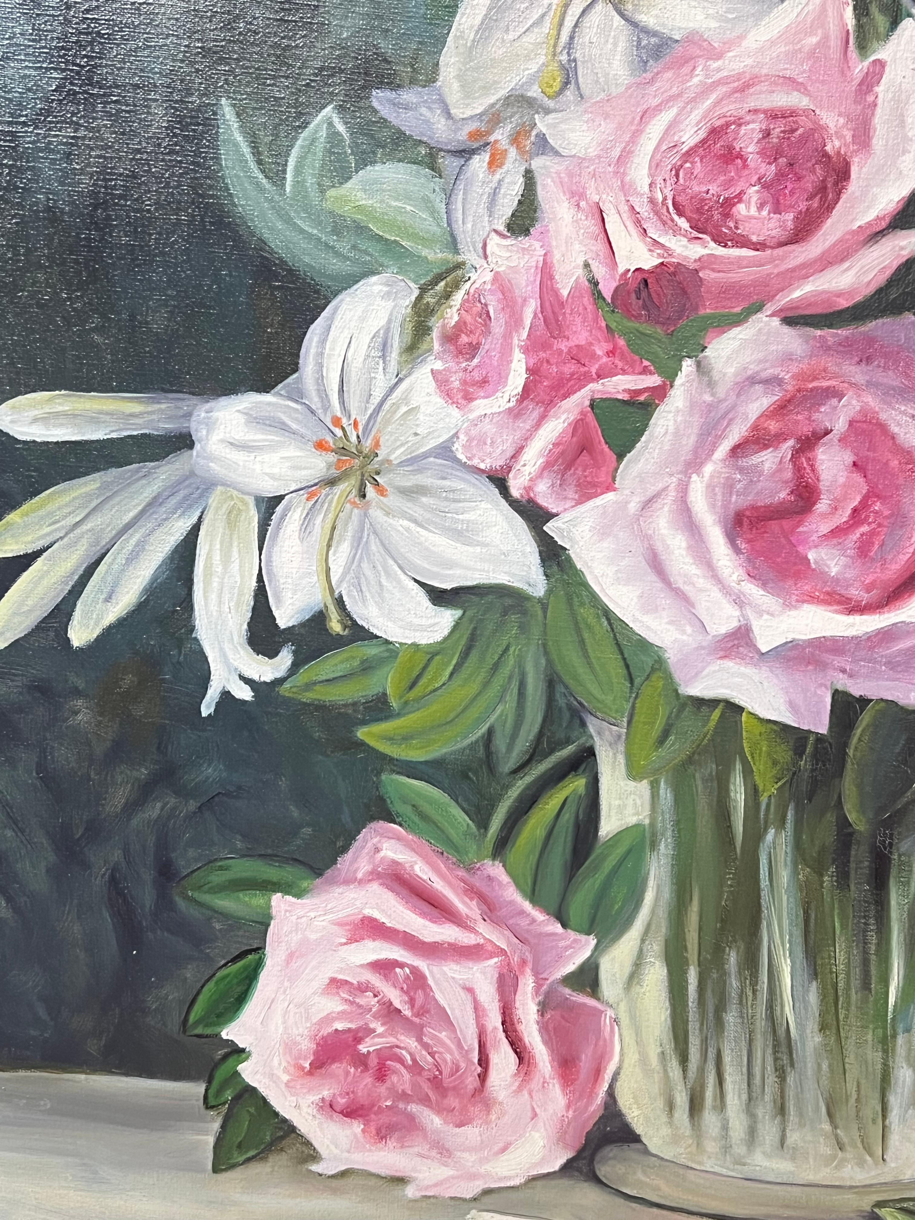 Pink Roses and Lilies In Glass Vase Still Life 20th Century French Oil Painting For Sale 5