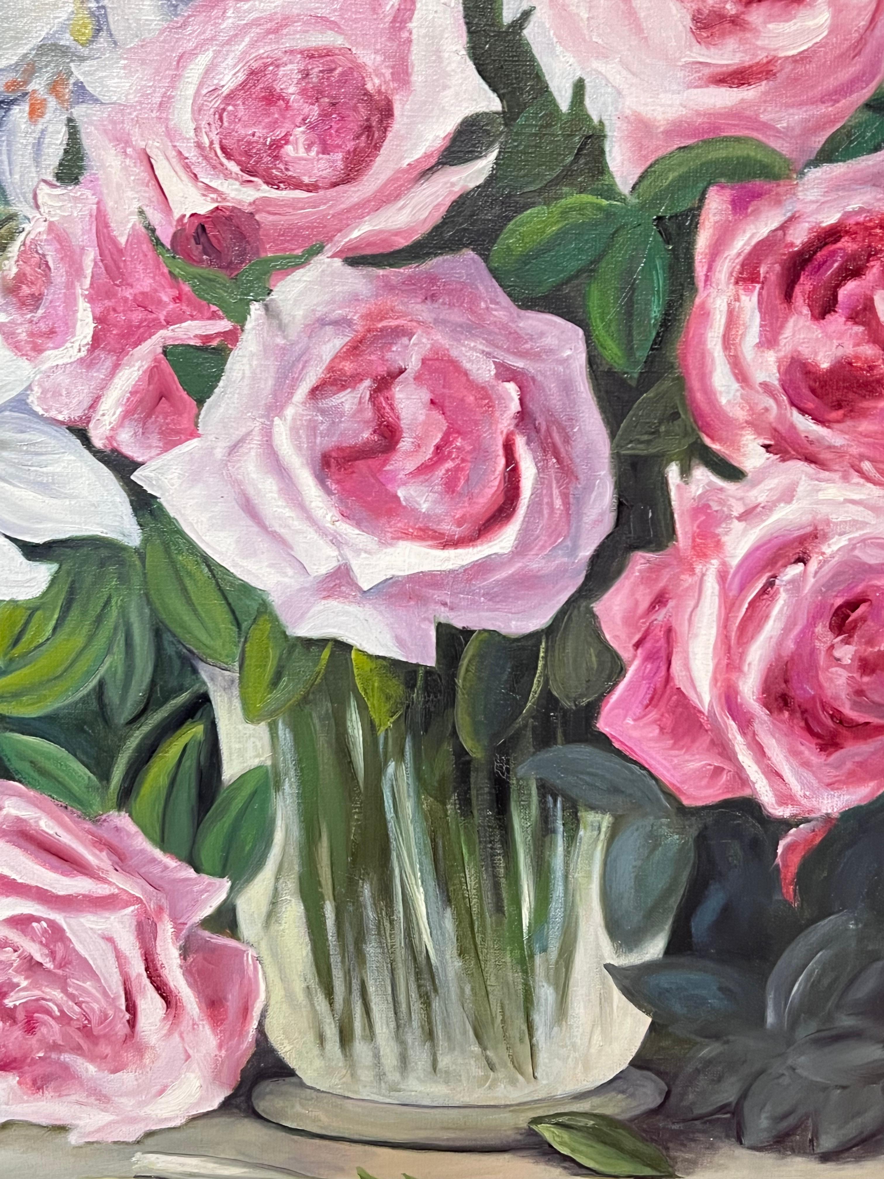 Pink Roses and Lilies In Glass Vase Still Life 20th Century French Oil Painting For Sale 6