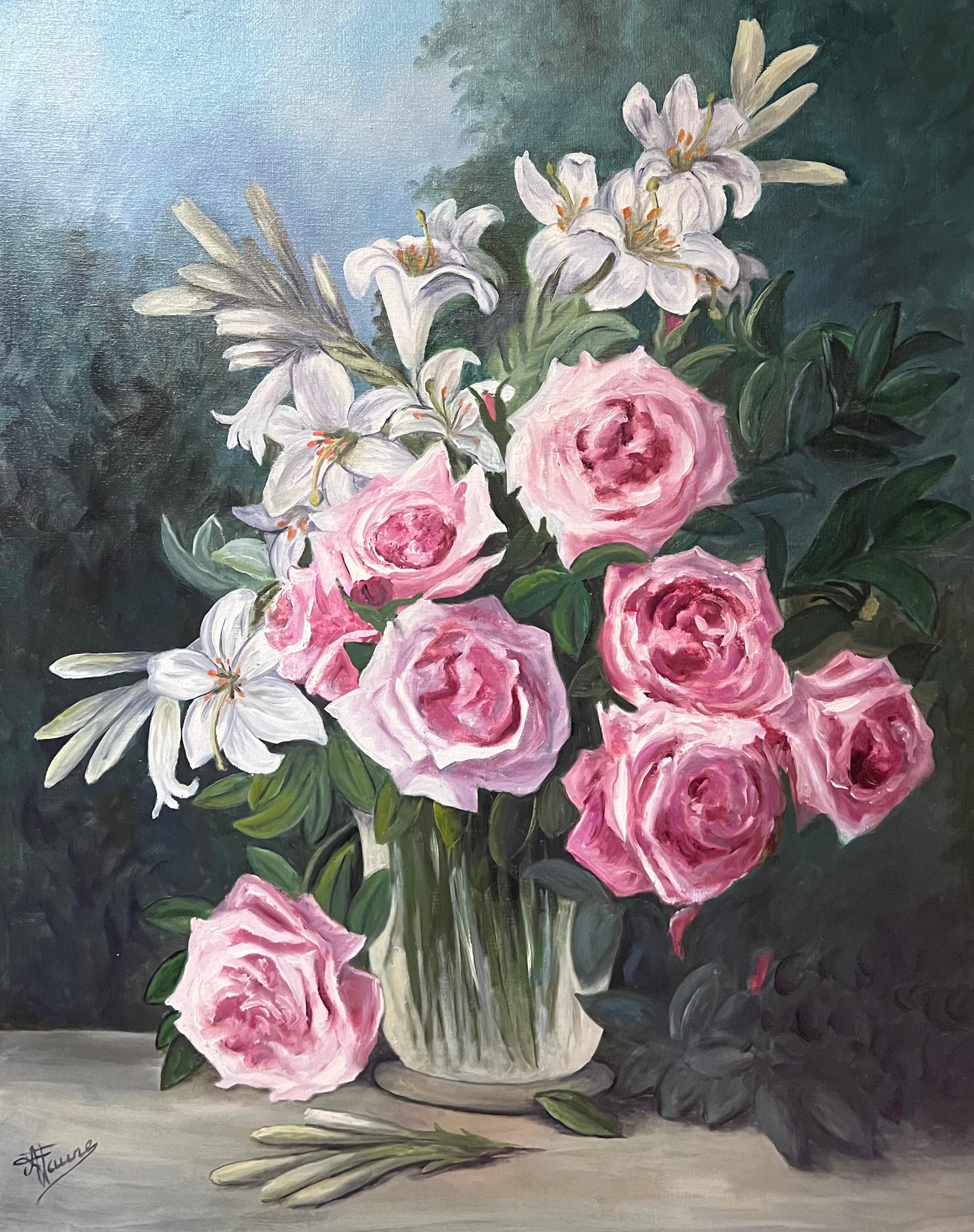 Annie Faure Interior Painting - Pink Roses and Lilies In Glass Vase Still Life 20th Century French Oil Painting