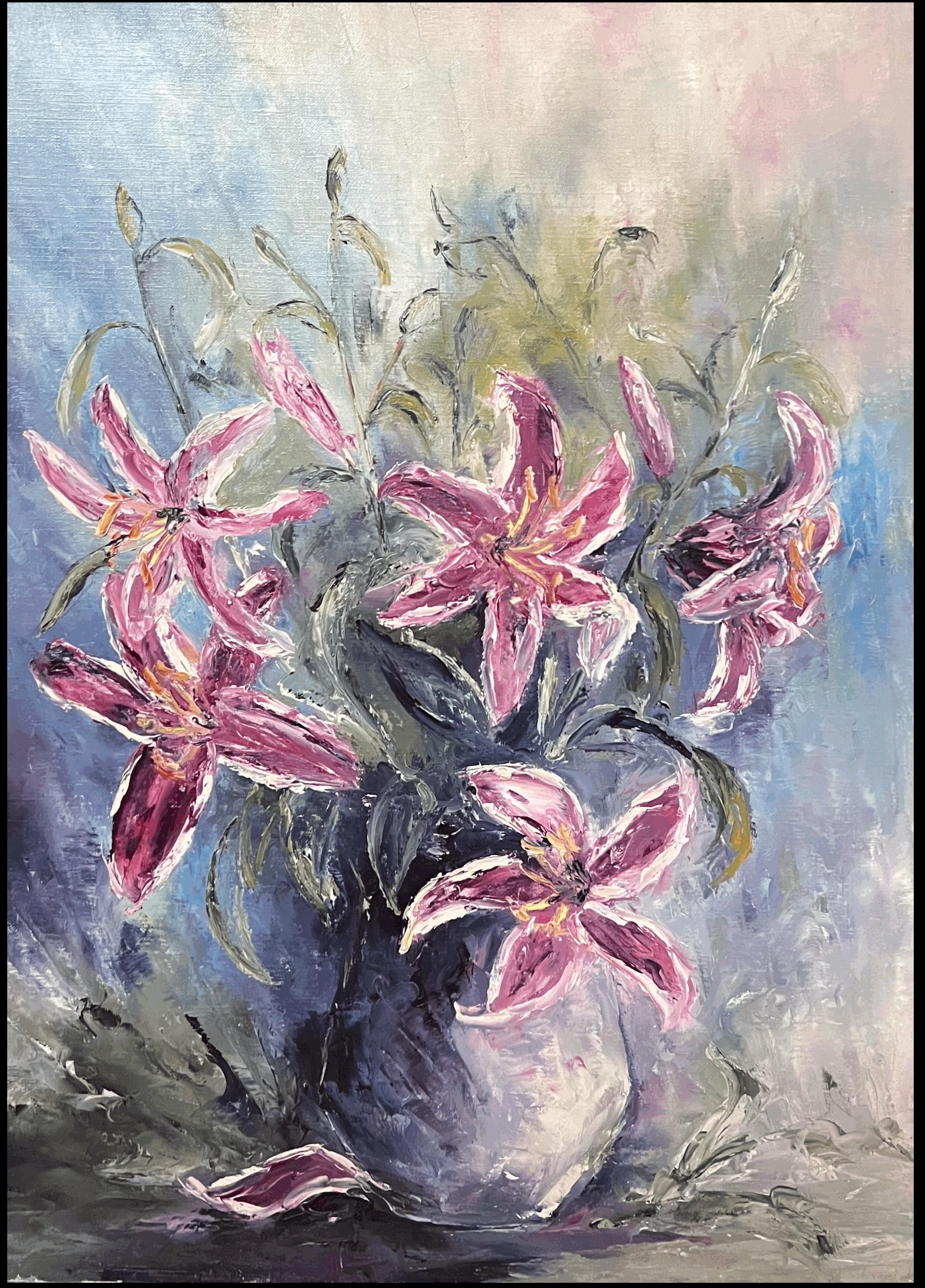 Gigli rosa Stargazer in vaso Pittura ad olio francese del XX secolo Natura morta - Painting di Annie Faure