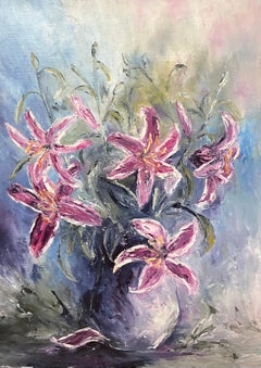 Pink Stargazer Lilies In Vase 20th Century French Oil Painting Still Life