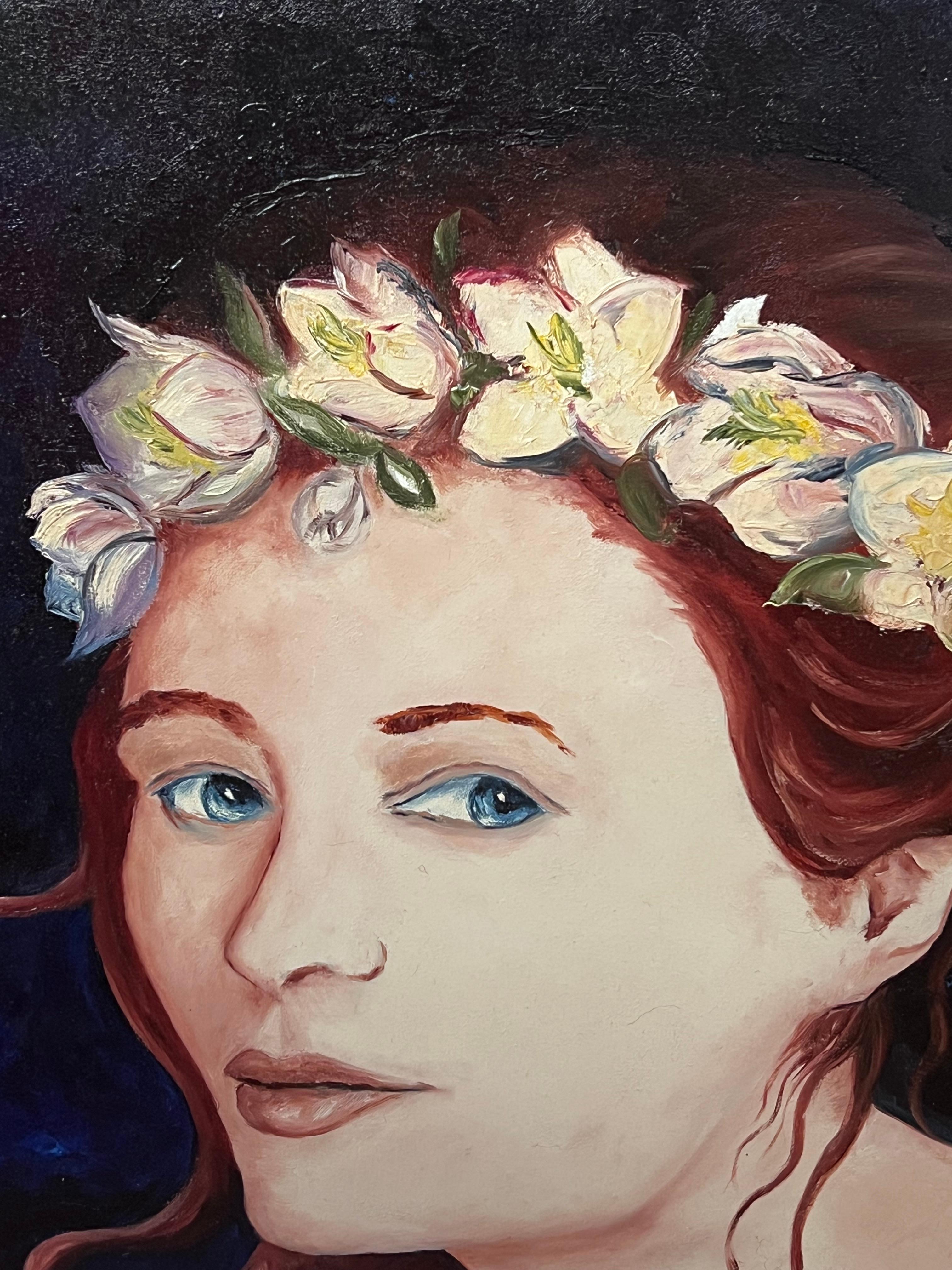 Portrait d'une jeune fille aux yeux bleus avec une couronne de fleurs Peinture à l'huile française du 20e siècle - Painting de Annie Faure