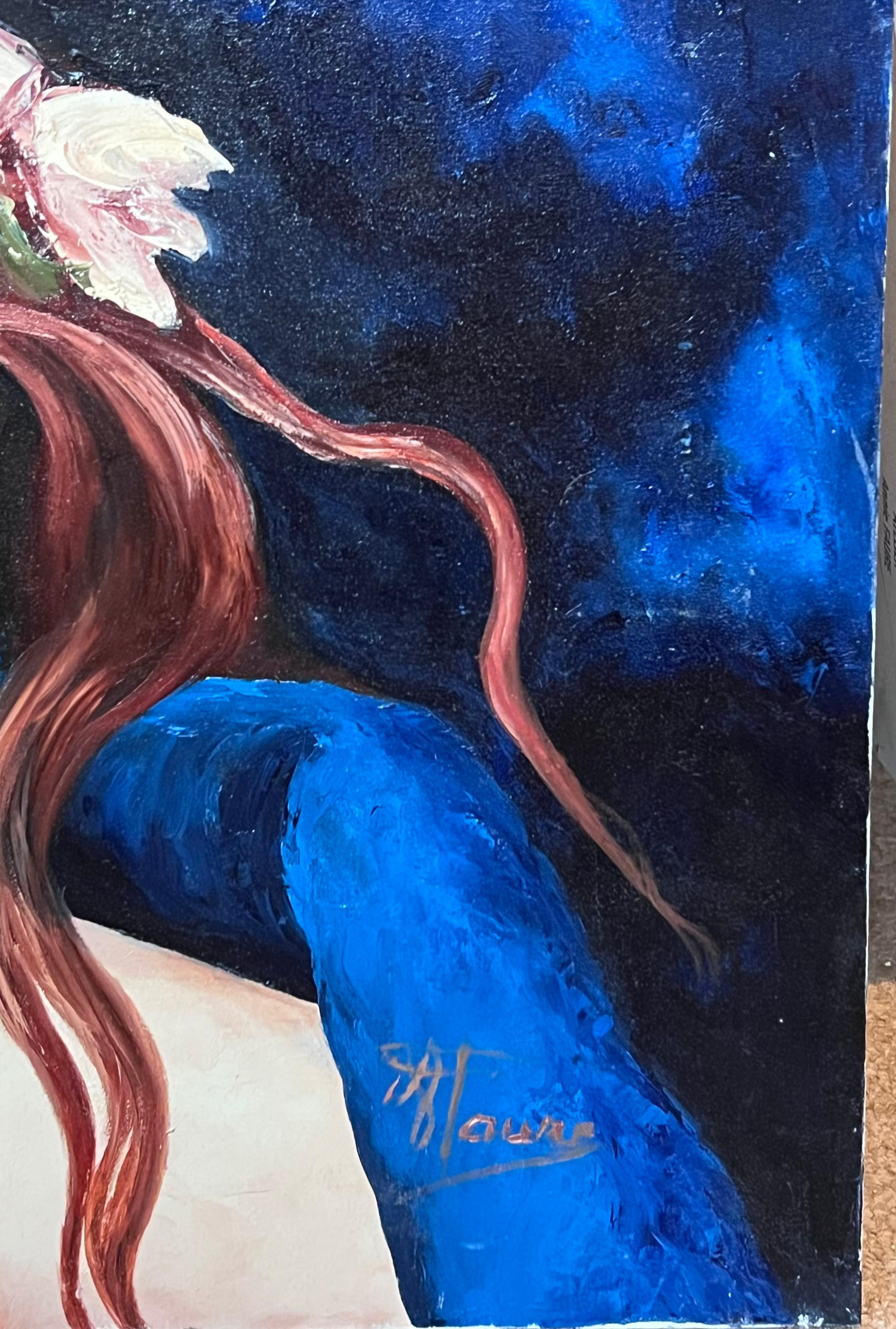 Portrait d'une jeune fille aux yeux bleus avec une couronne de fleurs Peinture à l'huile française du 20e siècle - École française Painting par Annie Faure