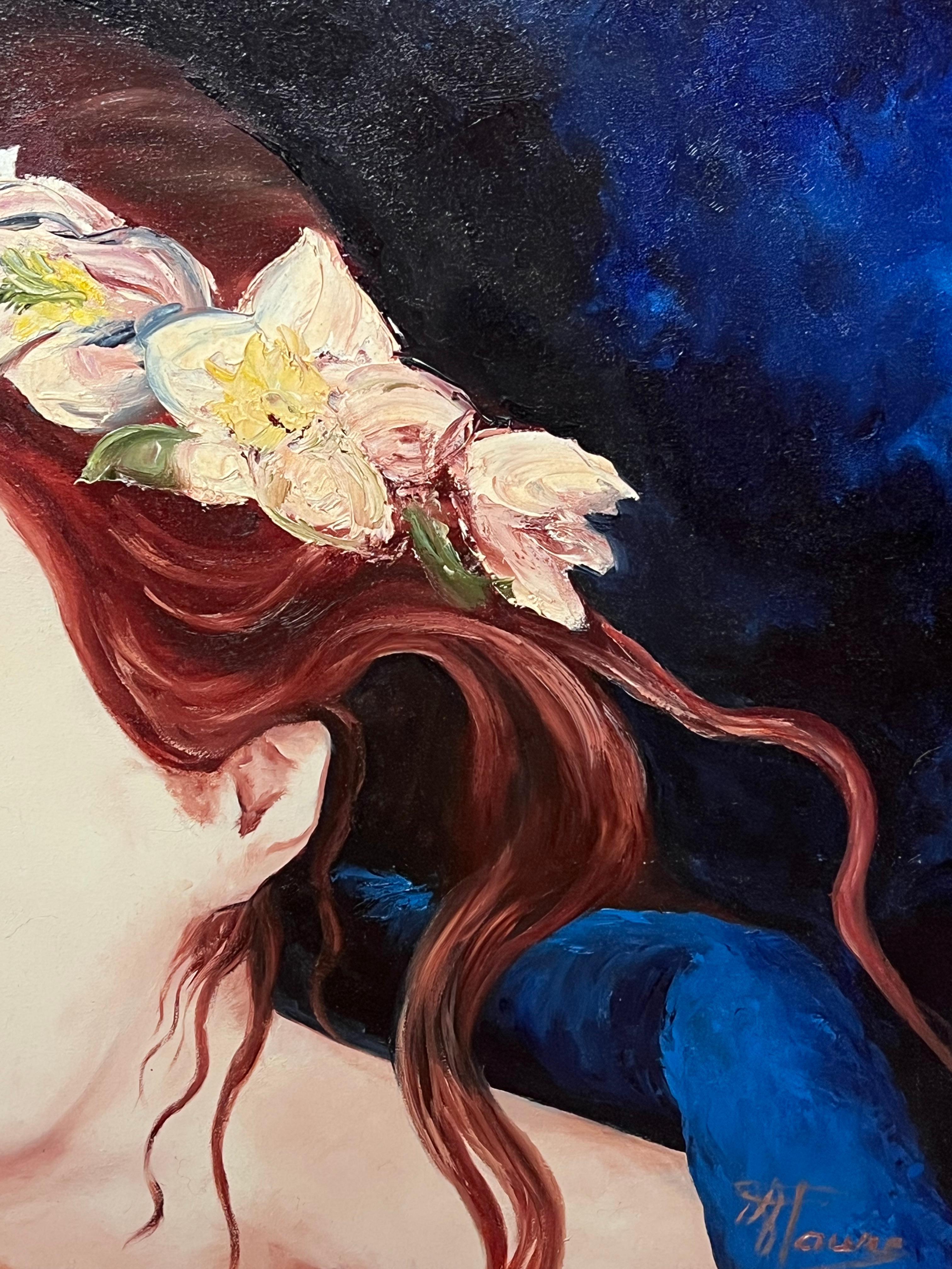 Portrait avec couronne de fleurs 
d'Annie Faure (française 1940-2021)
signé en dans le coin inférieur
peinture à l'huile sur toile, non encadrée
taille de la toile : 21 x 25.5 pouces
état : très bon dans l'ensemble, légères éraflures de surface dues