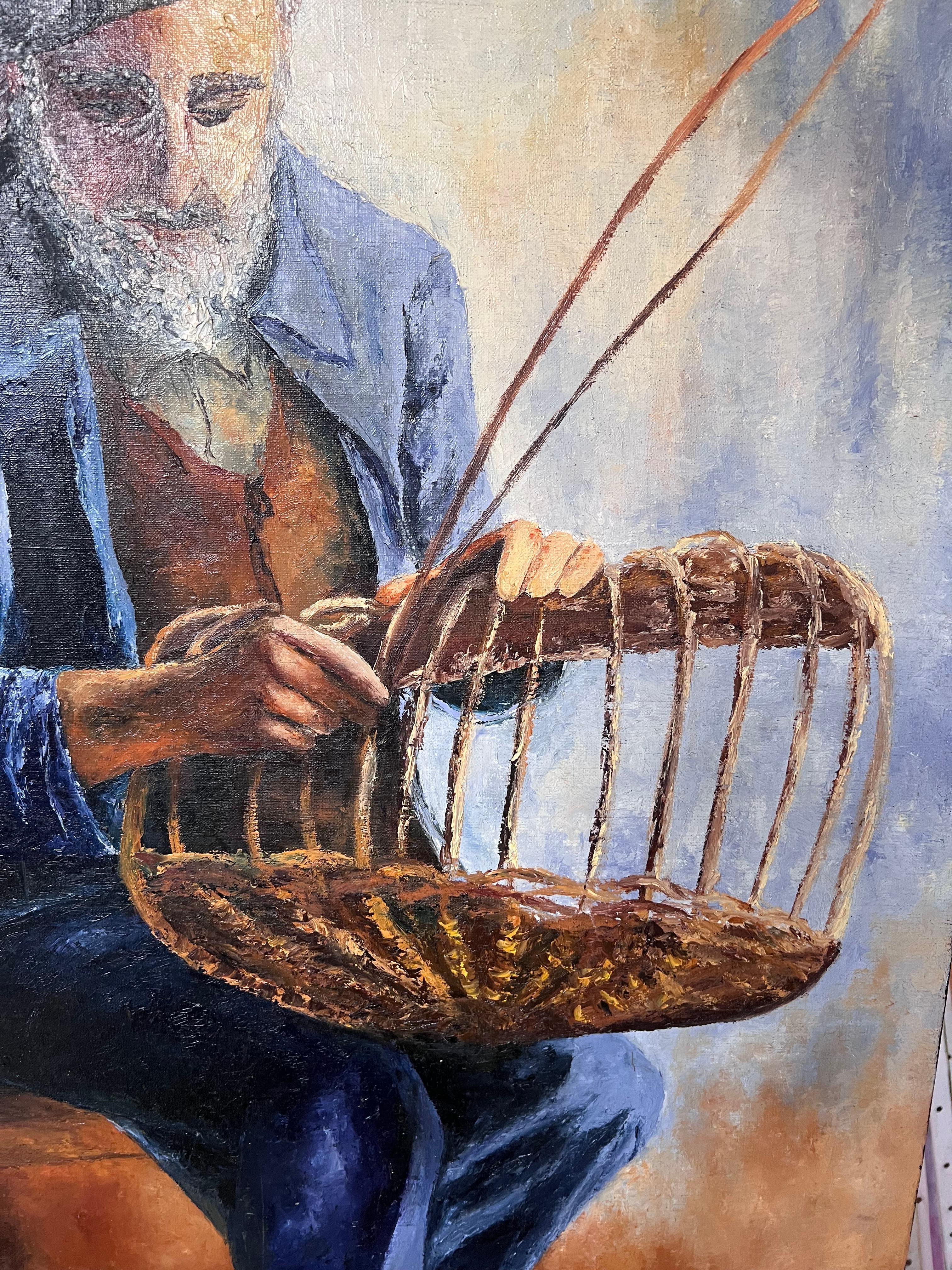 Französisches Ölgemälde eines Fischers und seines Fischenkorb, 20. Jahrhunderts (Französische Schule), Painting, von Annie Faure