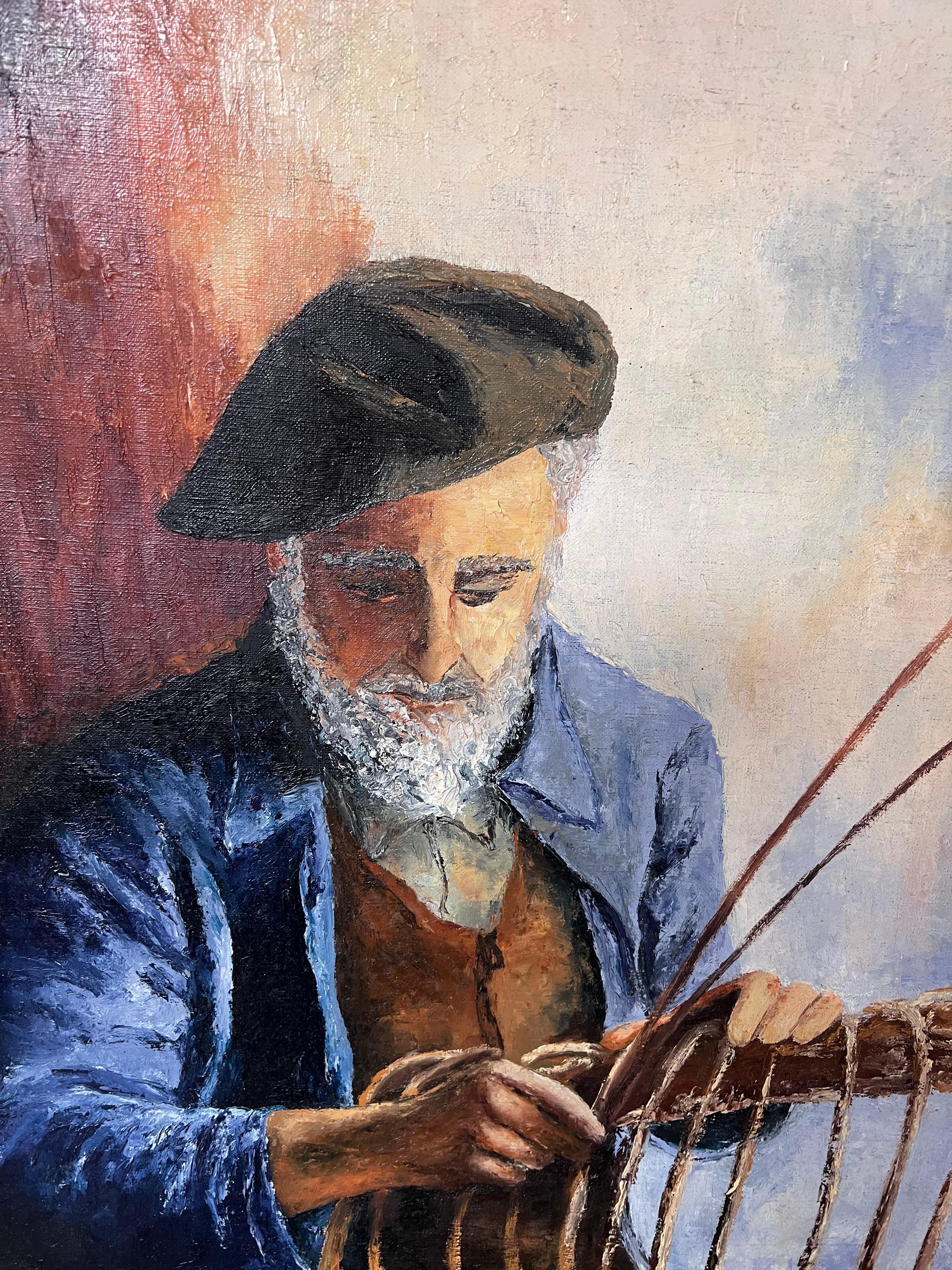 Fischer-Porträt 
von Annie Faure (Französisch 1940-2021)
signiert untere Ecke
Ölgemälde auf Leinwand, ungerahmt
Leinwandgröße: 47,5 x 24 Zoll
Zustand: insgesamt sehr gut, kleinere Oberflächenabschürfungen durch frühere Lagerung
Herkunft: aus der