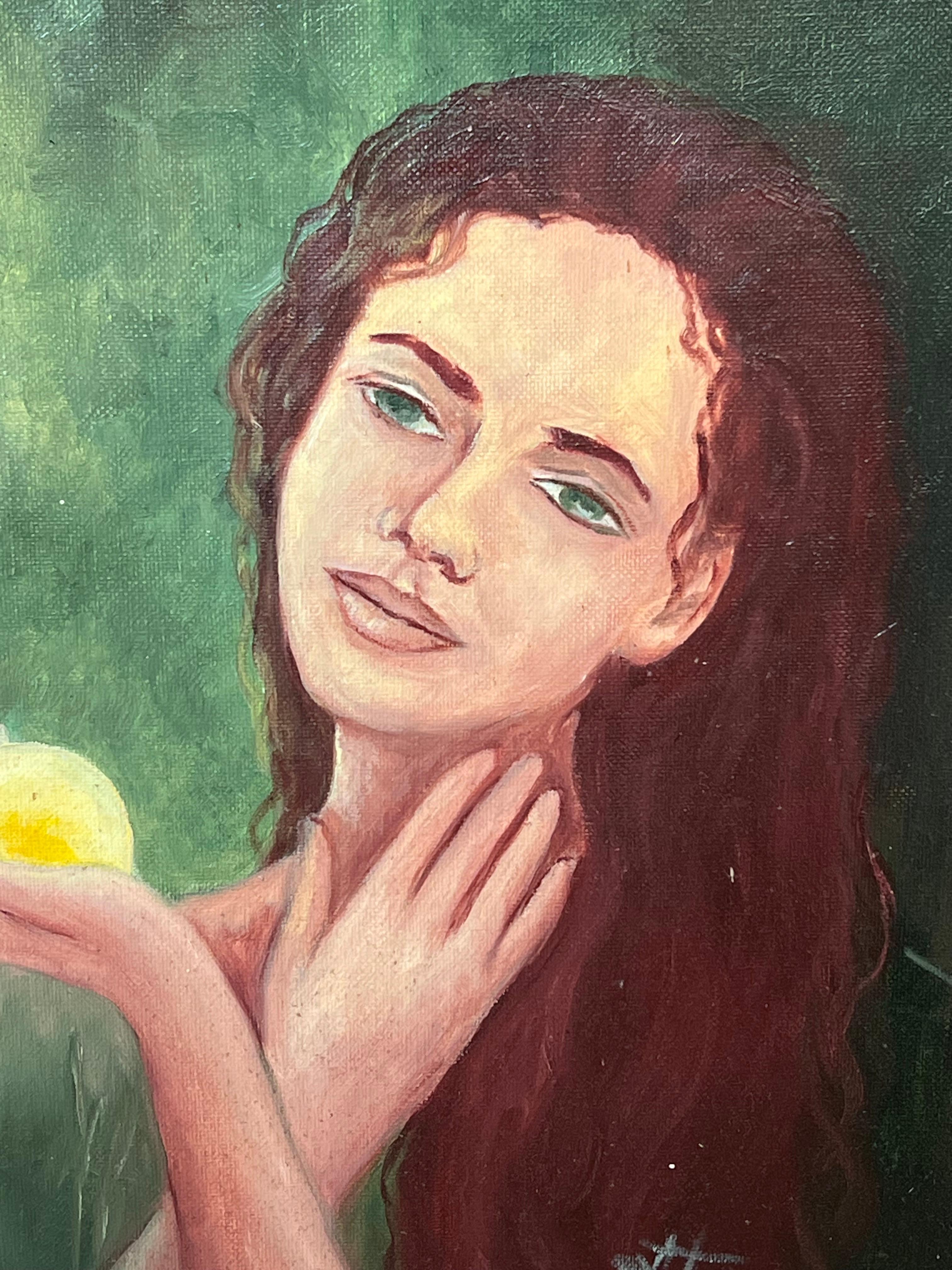 Portrait d'une dame au regard fixe tenant un cristal lumineux dans un cadre vert Français - Noir Portrait Painting par Annie Faure