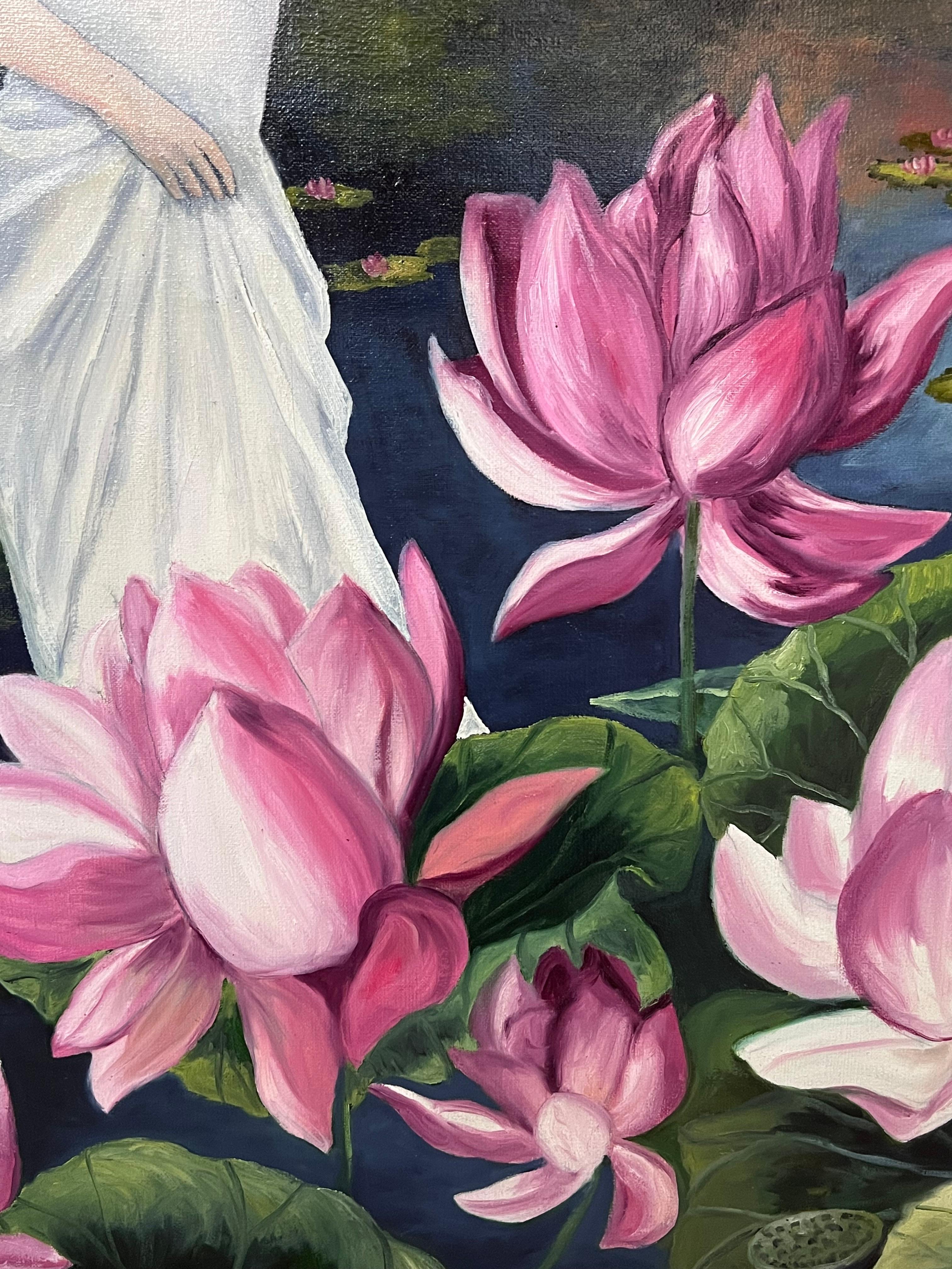 Porträt einer Dame in Weiß in der rosa Lilie im Teichlandschaft, Französisches Ölgemälde im Angebot 5