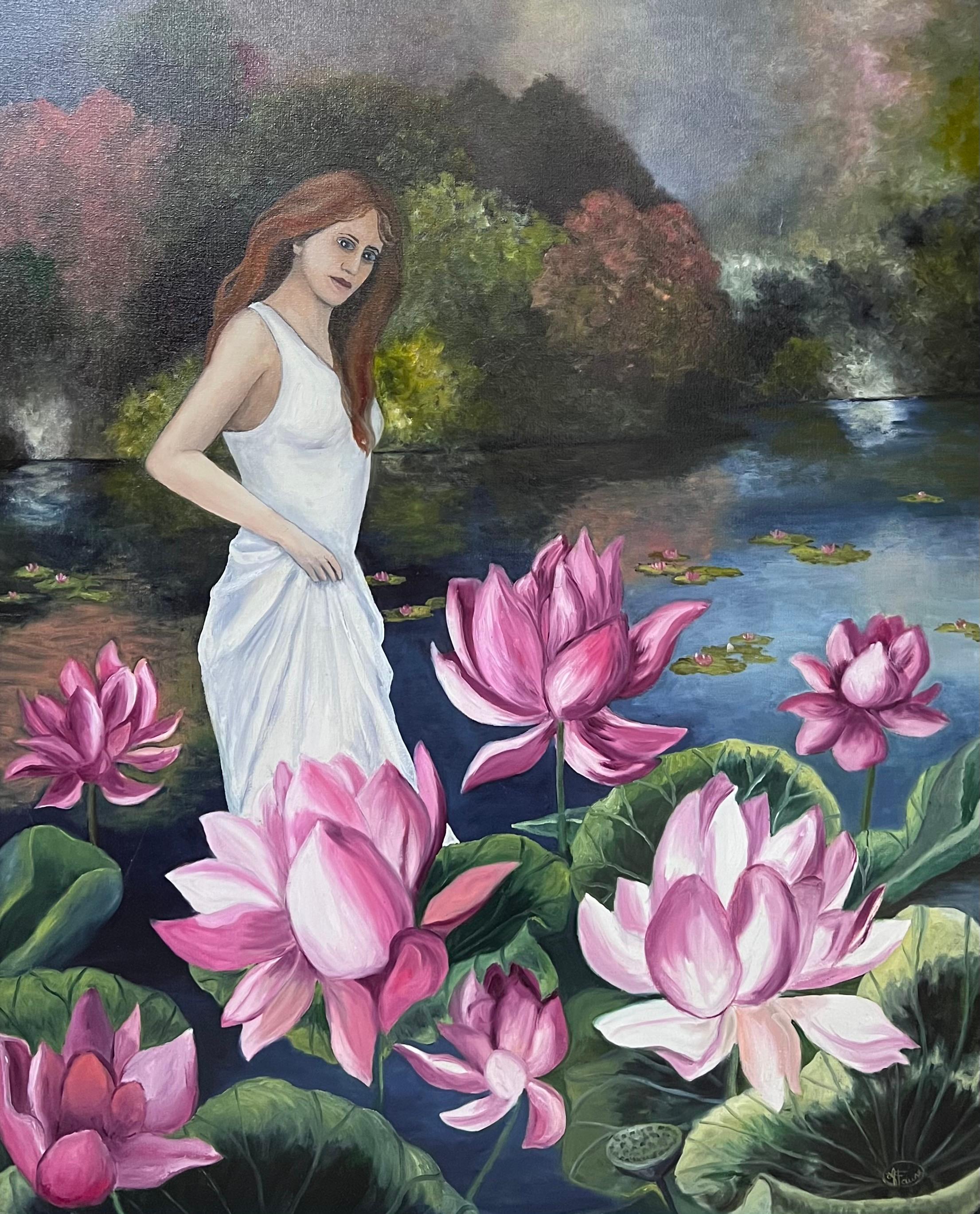 Porträt einer Dame in Weiß in der rosa Lilie im Teichlandschaft, Französisches Ölgemälde – Painting von Annie Faure
