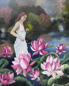 Portrait of A Lady in White In The Pink Lily Pond Landscape French Oil Painting
