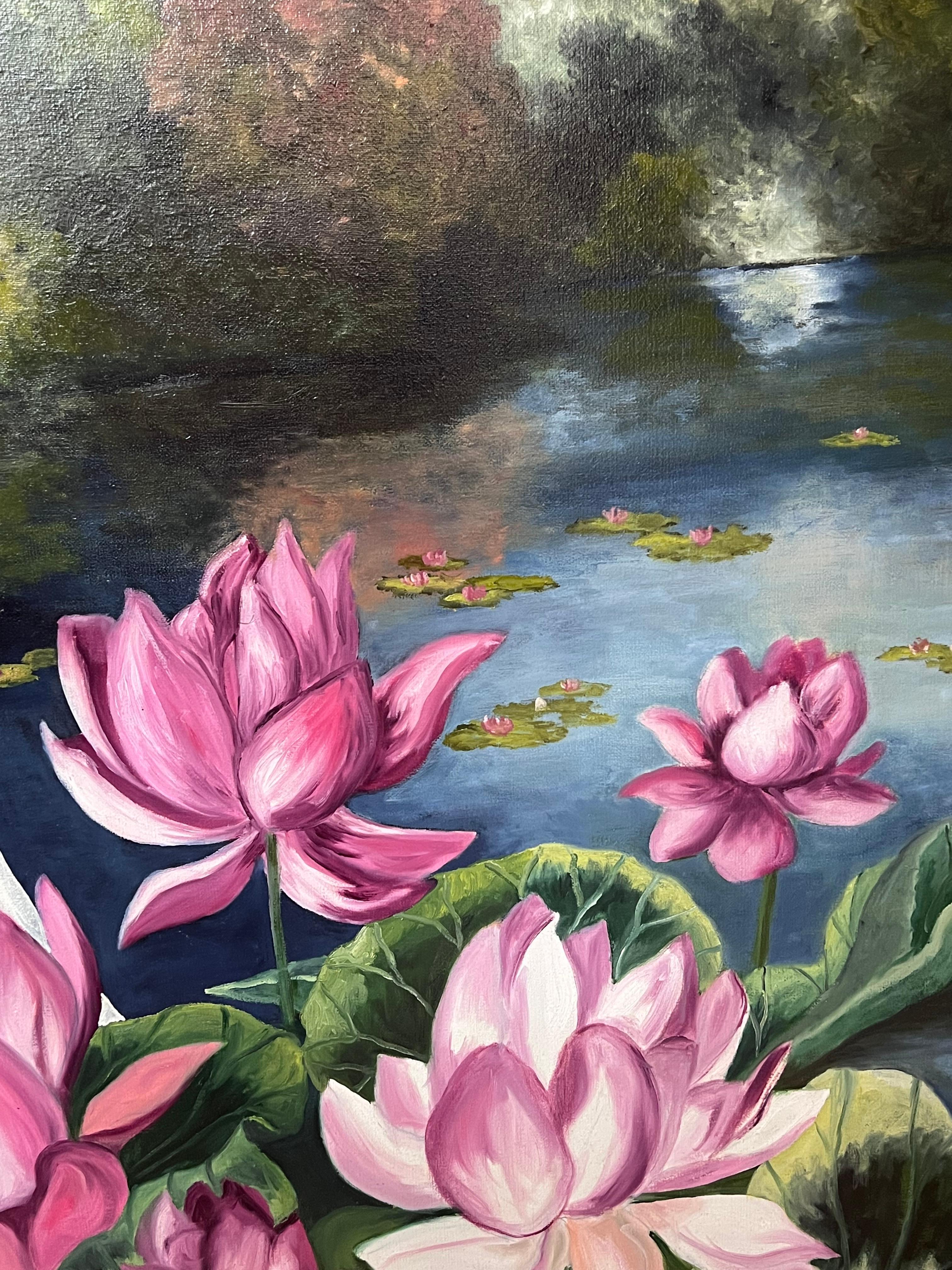 Porträt einer Dame in Weiß in der rosa Lilie im Teichlandschaft, Französisches Ölgemälde (Französische Schule), Painting, von Annie Faure