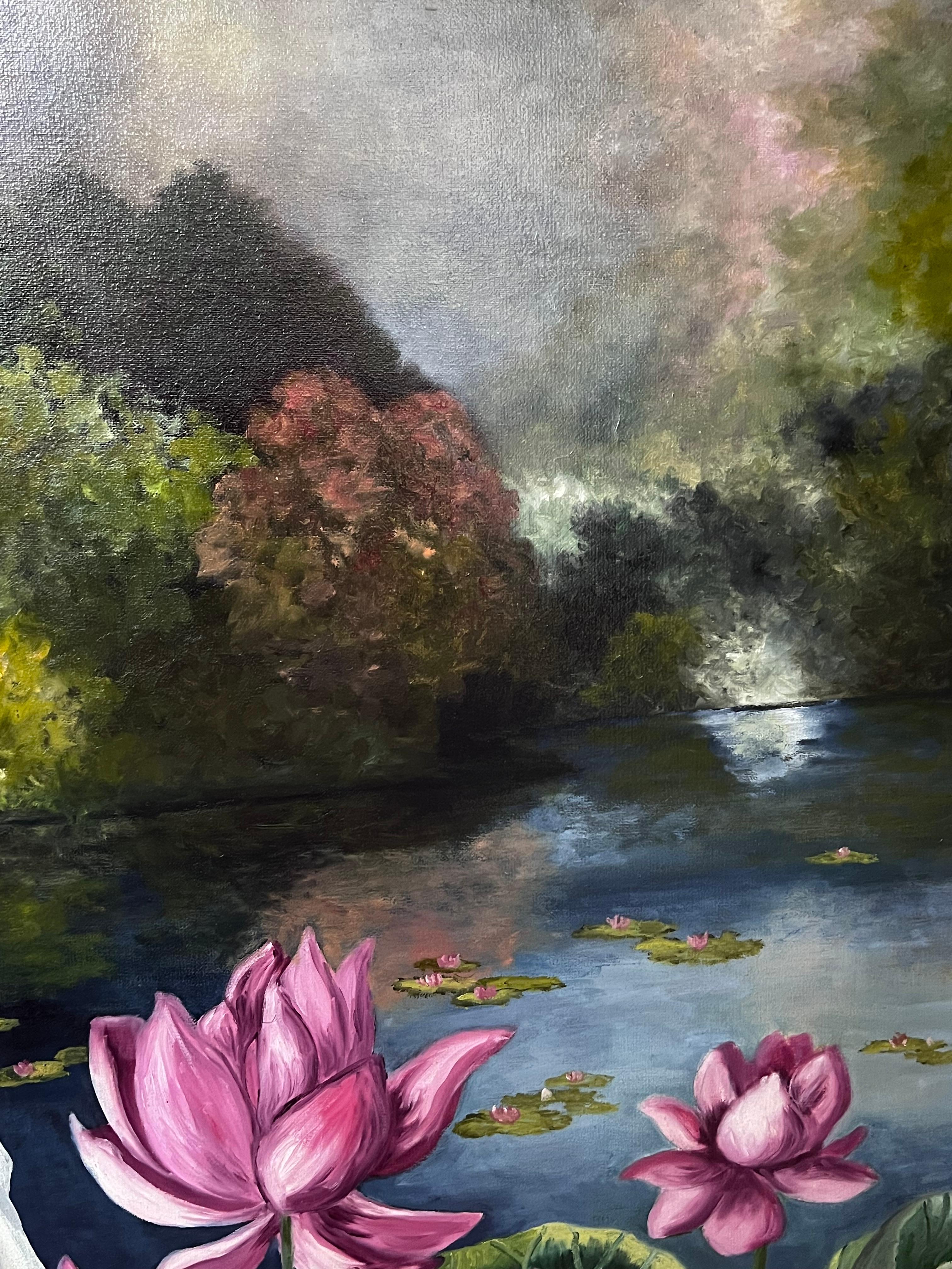 Porträt einer Dame in Weiß in der rosa Lilie im Teichlandschaft, Französisches Ölgemälde (Schwarz), Portrait Painting, von Annie Faure
