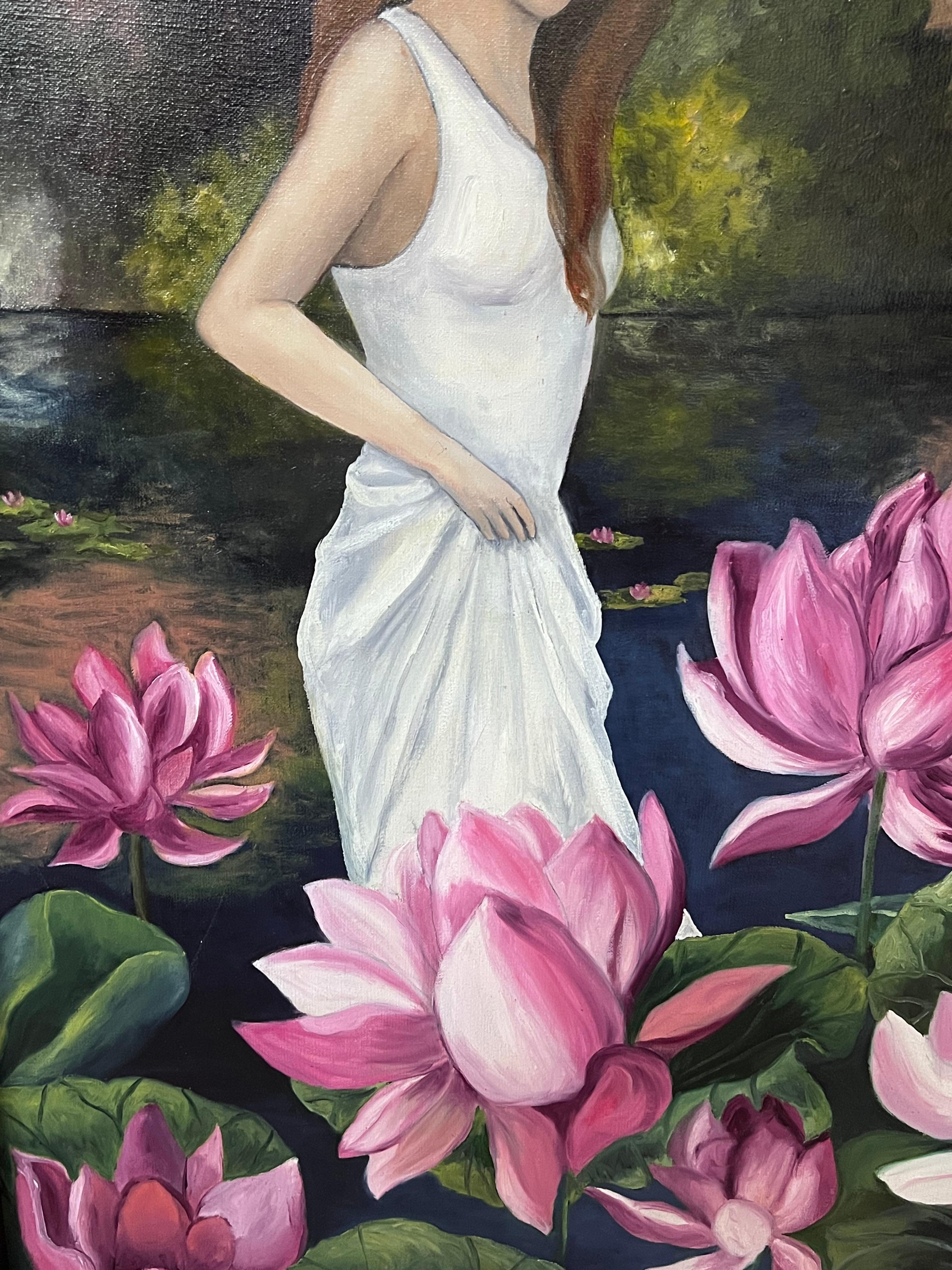 Rosa Lily Pad Porträt 
von Annie Faure (Französisch 1940-2021)
signiert untere Ecke
Ölgemälde auf Leinwand, gerahmt
Gerahmt: 41 x 34 Zoll
Größe der Leinwand: 39 x 32 Zoll
Zustand: insgesamt sehr gut, kleinere Oberflächenabschürfungen durch frühere