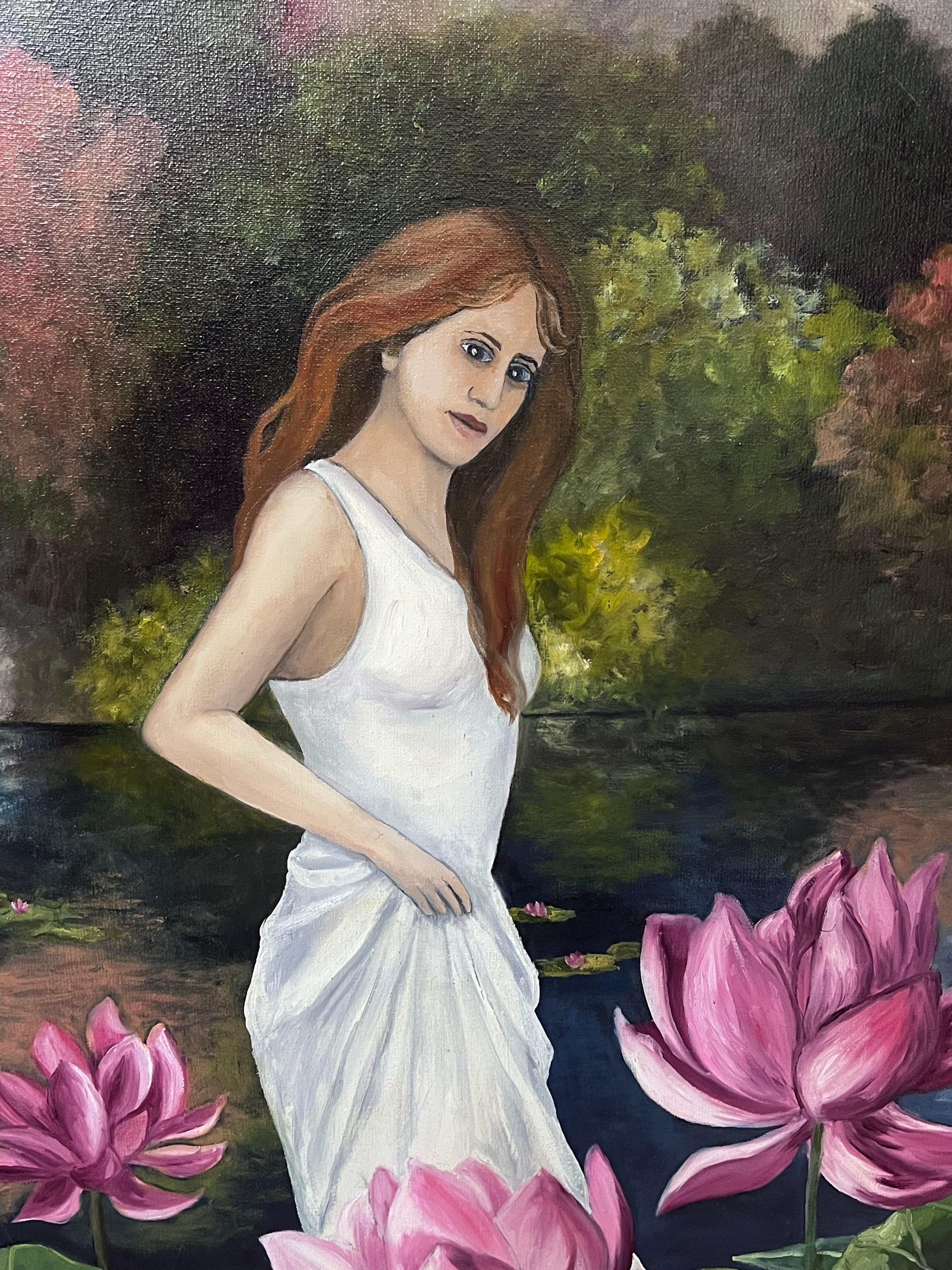 Porträt einer Dame in Weiß in der rosa Lilie im Teichlandschaft, Französisches Ölgemälde im Angebot 1