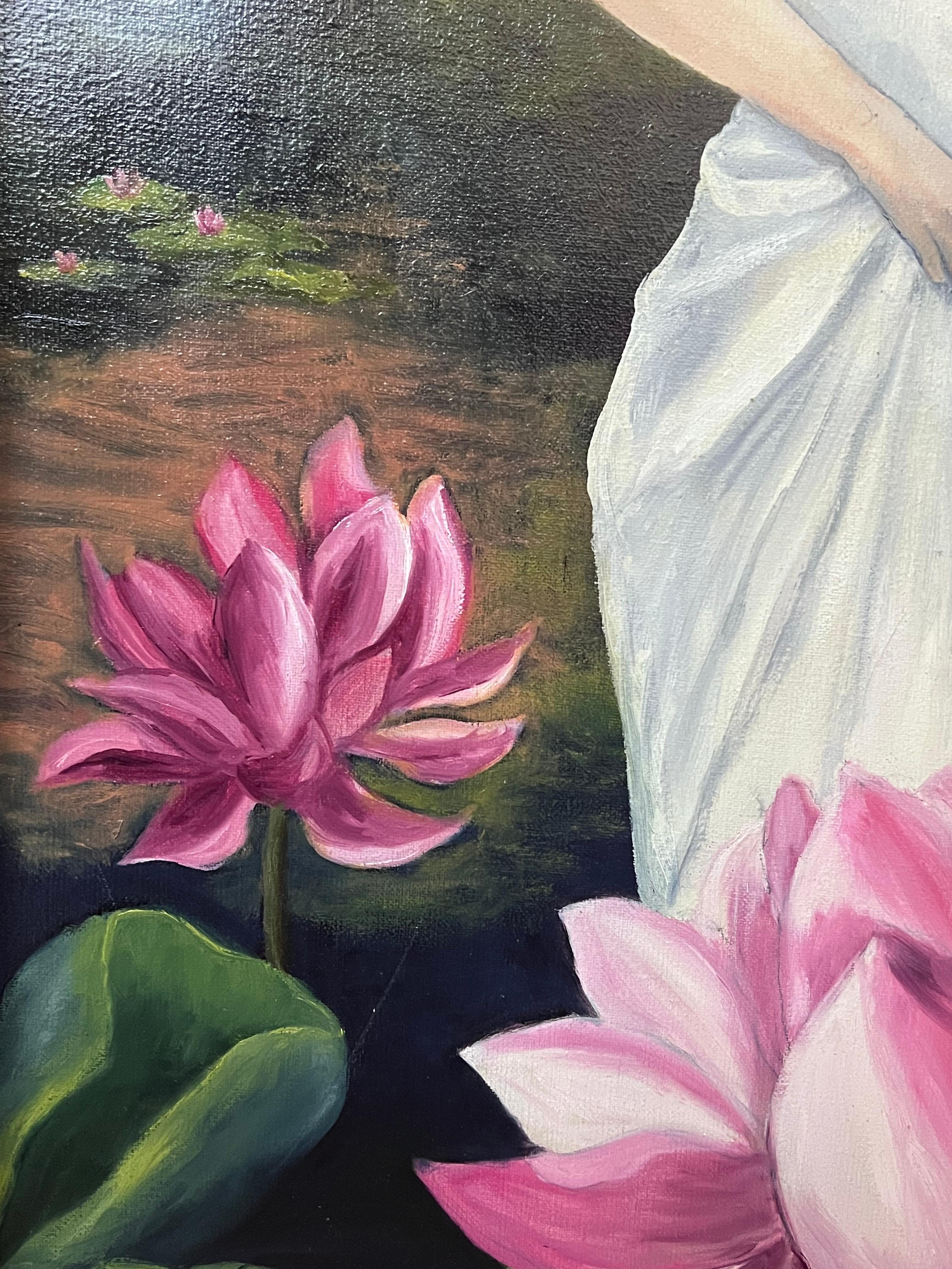 Porträt einer Dame in Weiß in der rosa Lilie im Teichlandschaft, Französisches Ölgemälde im Angebot 3