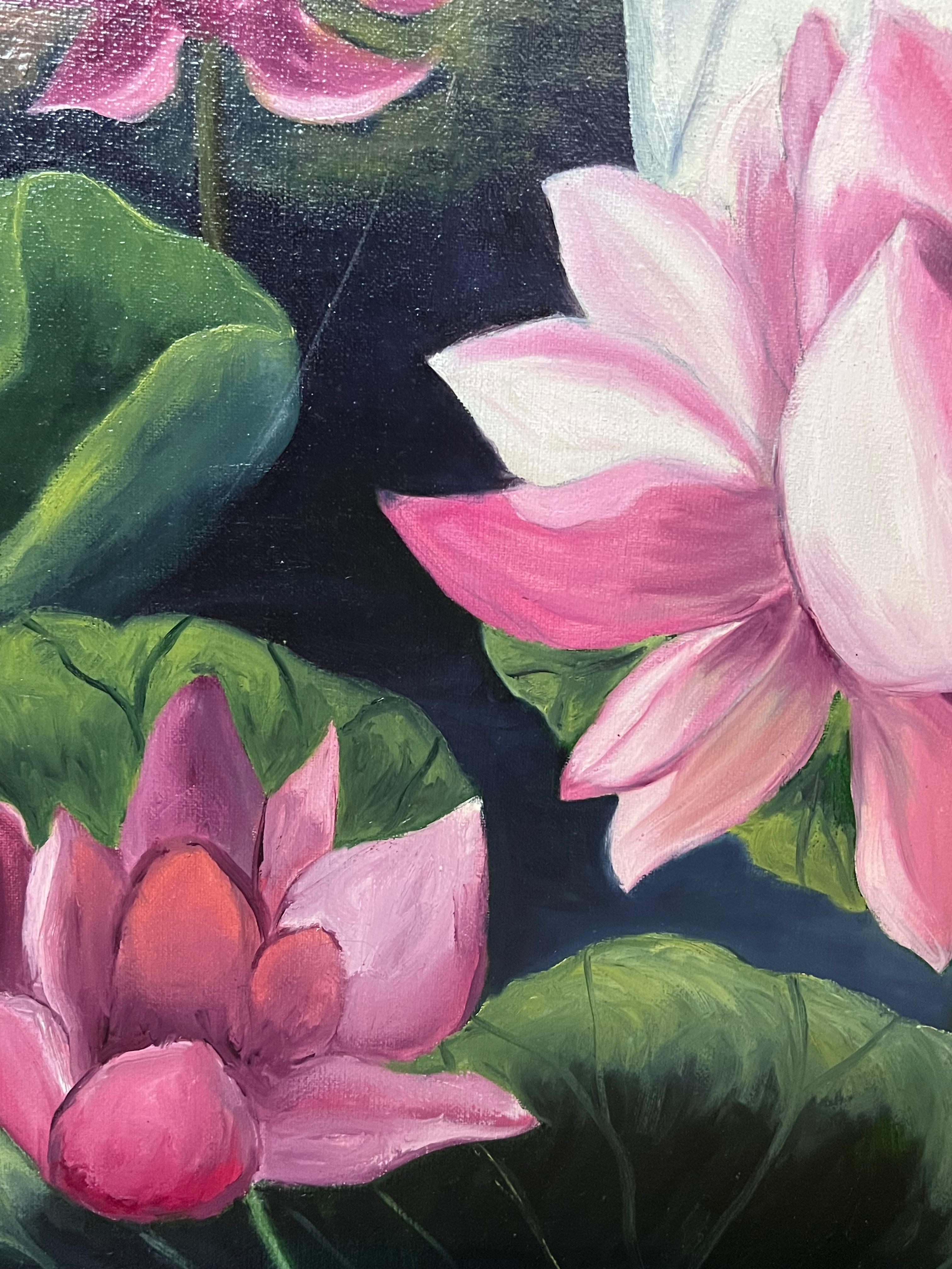 Porträt einer Dame in Weiß in der rosa Lilie im Teichlandschaft, Französisches Ölgemälde im Angebot 4