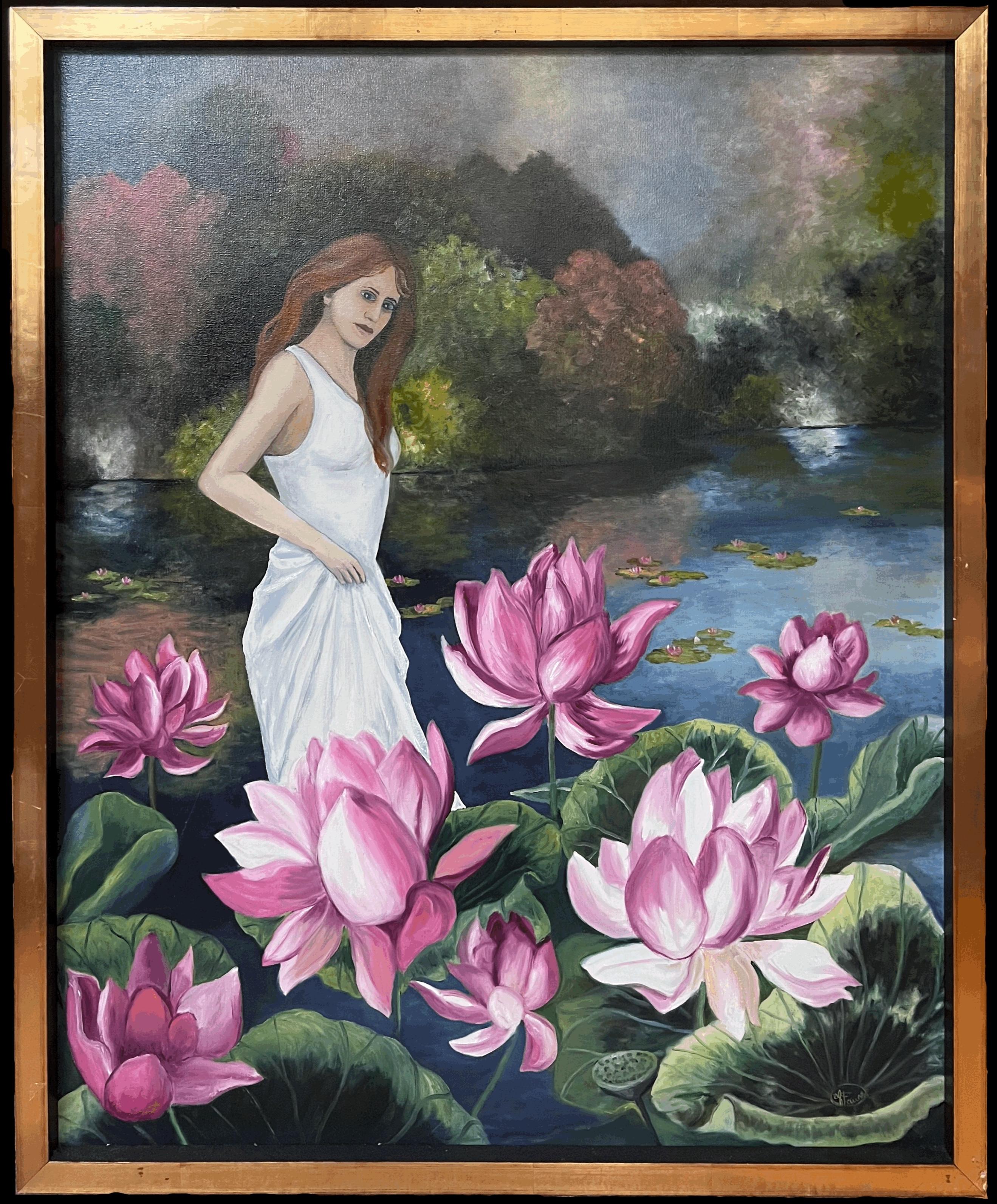 Annie Faure Portrait Painting – Porträt einer Dame in Weiß in der rosa Lilie im Teichlandschaft, Französisches Ölgemälde
