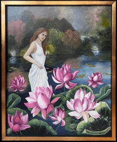 Portrait of A Lady in White In The Pink Lily Pond Landscape French Oil Painting