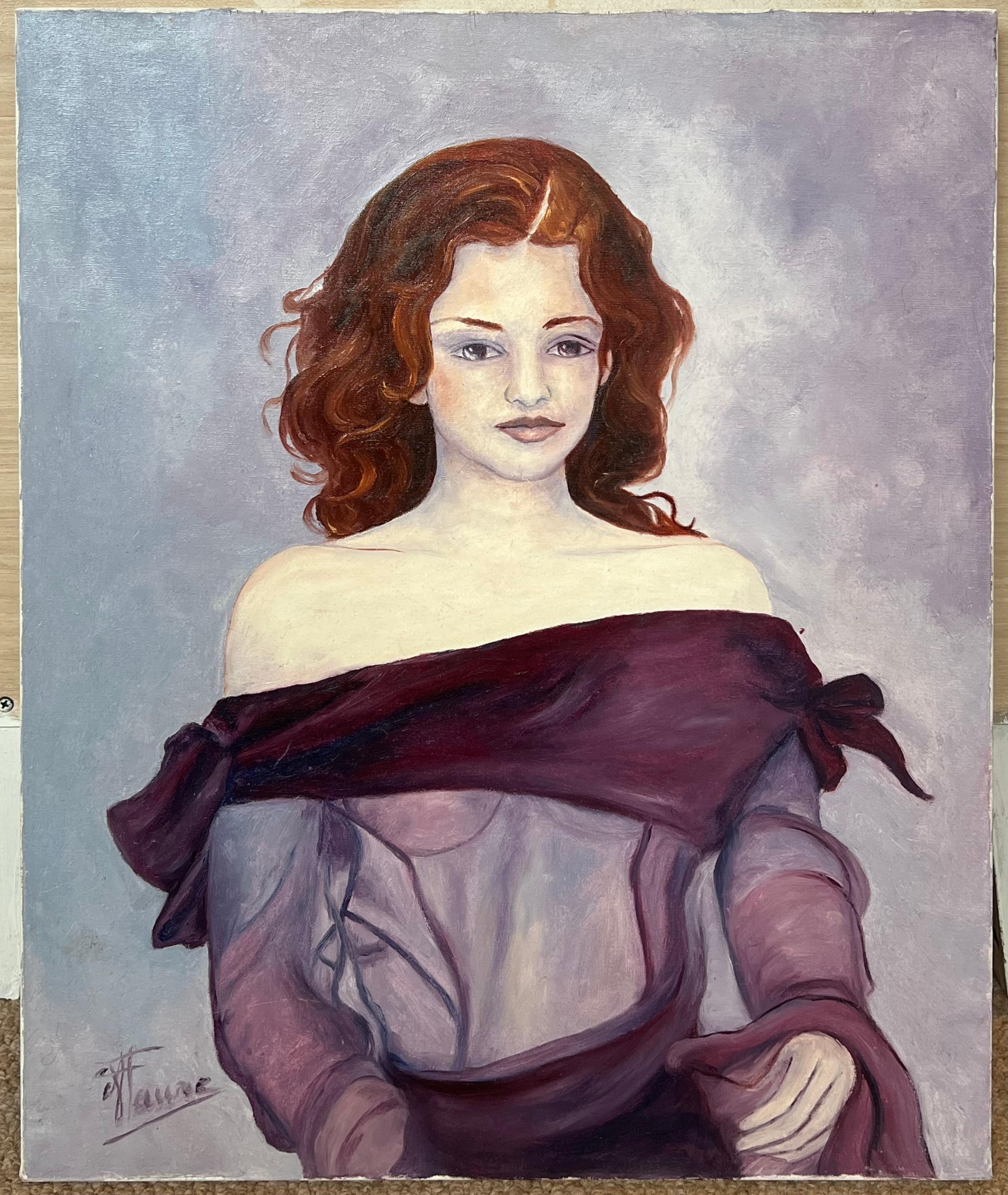 Portrait of A Lady with Auburn Hair In Purple Draping Dress 20th Century French - Painting by Annie Faure