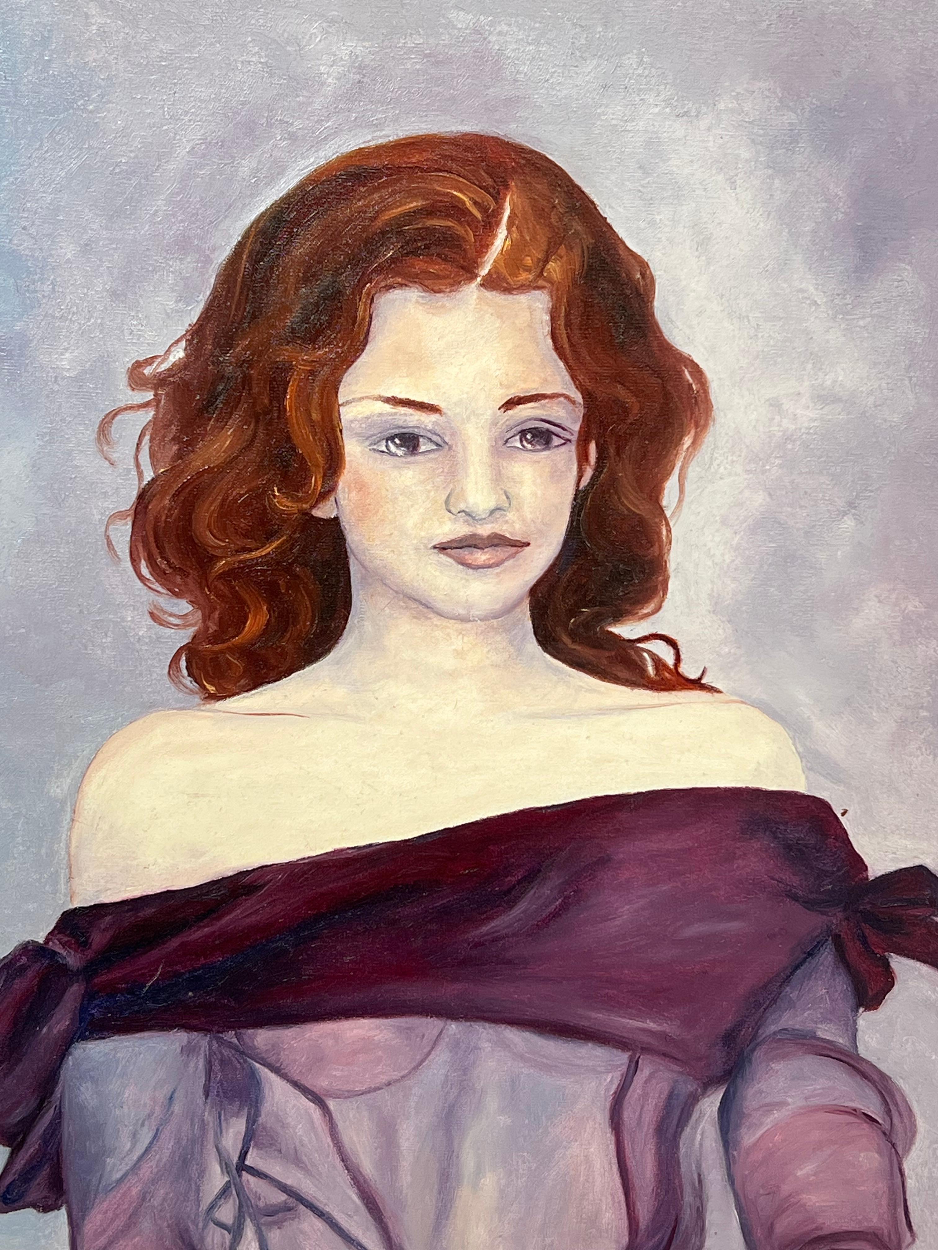 Portrait of A Lady with Auburn Hair In Purple Draping Dress 20th Century French For Sale 1