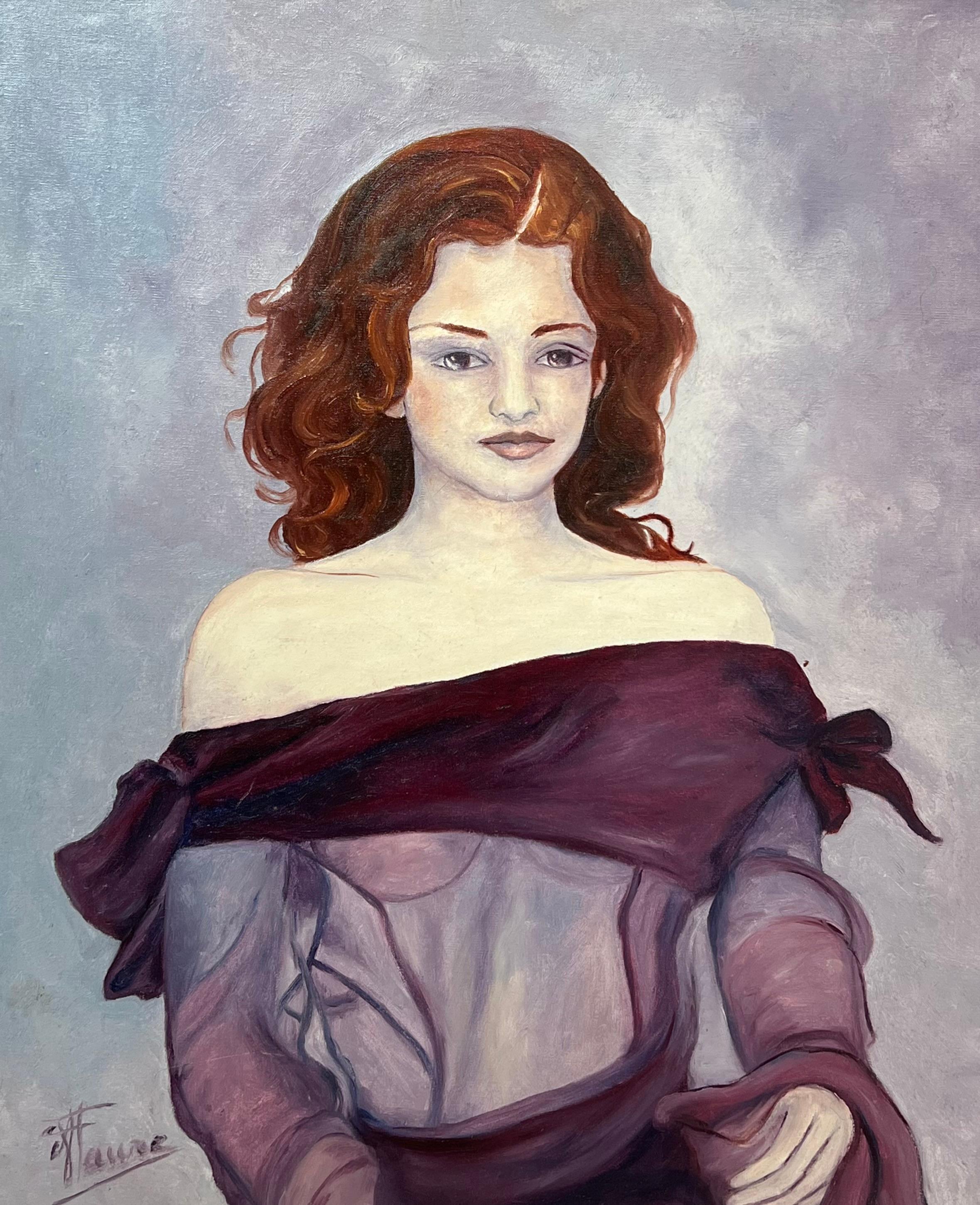 Annie Faure Portrait Painting - Portrait of A Lady with Auburn Hair In Purple Draping Dress 20th Century French