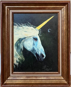 Portrait of a Majestic Blue Unicorn with a Golden Horn 20th Century Framed