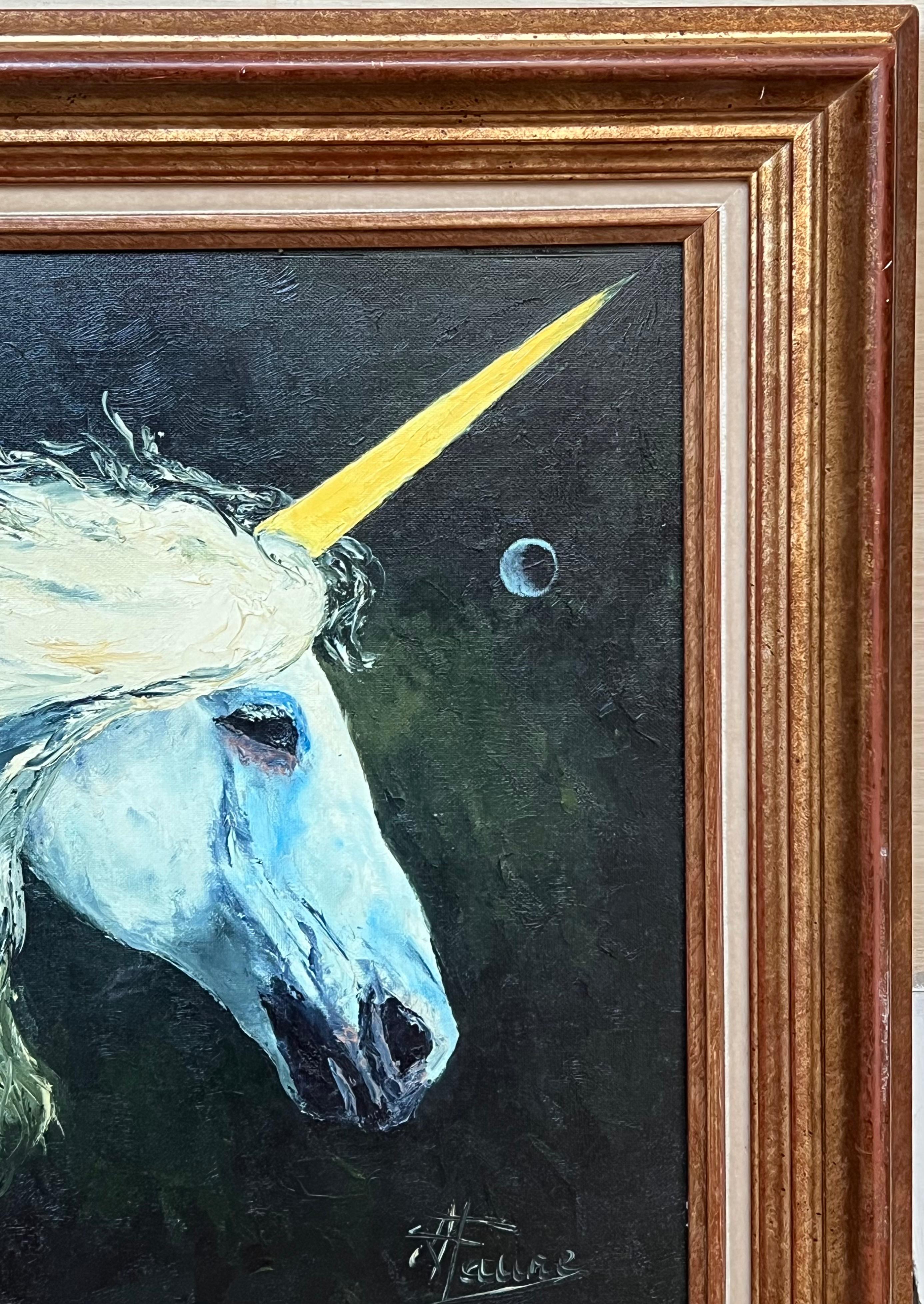 Porträt eines Majestätsblauen Einhorns mit goldenem Horn, gerahmt, 20. Jahrhundert (Französische Schule), Painting, von Annie Faure