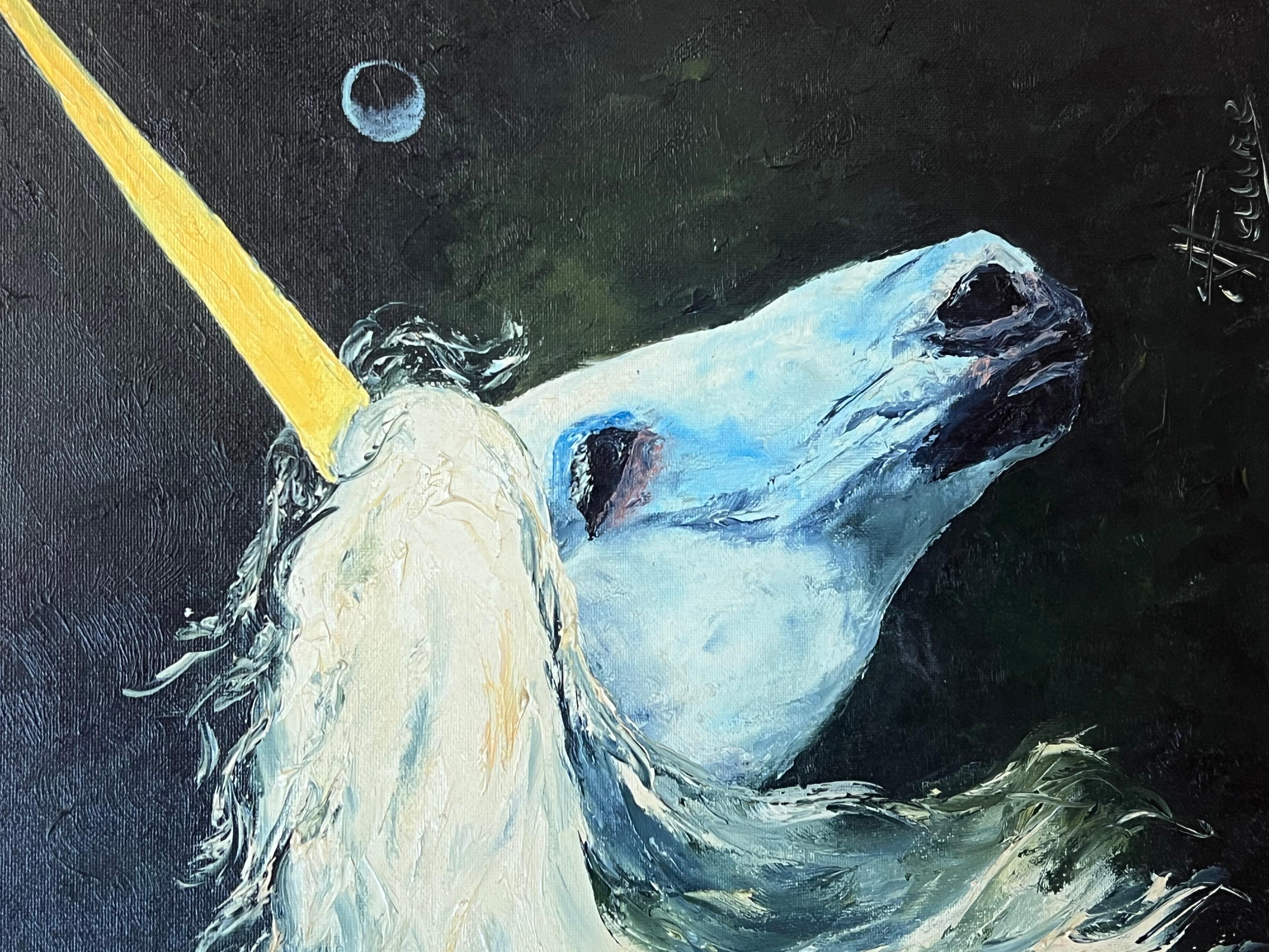 Porträt eines Majestätsblauen Einhorns mit goldenem Horn, gerahmt, 20. Jahrhundert im Angebot 1