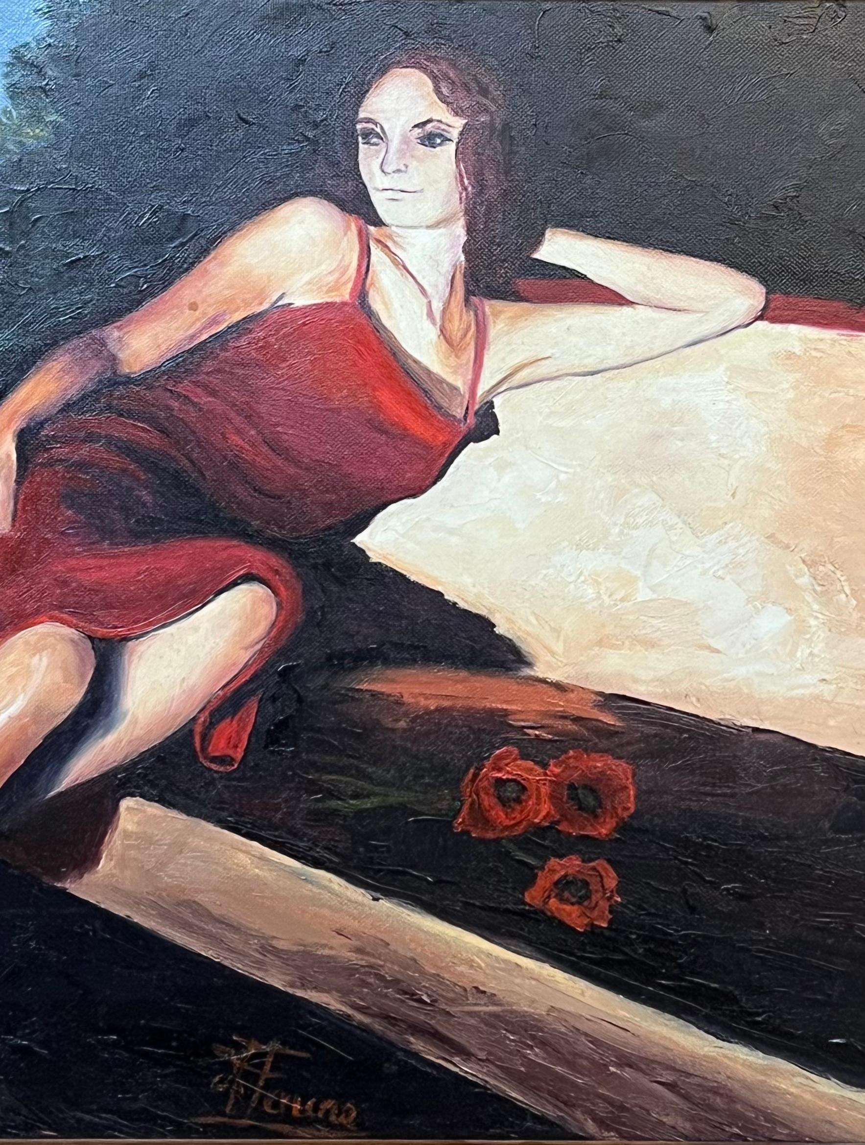 Portrait of a Posed Lady in Red In Flowing River Landscape 20th Century Framed - Painting by Annie Faure