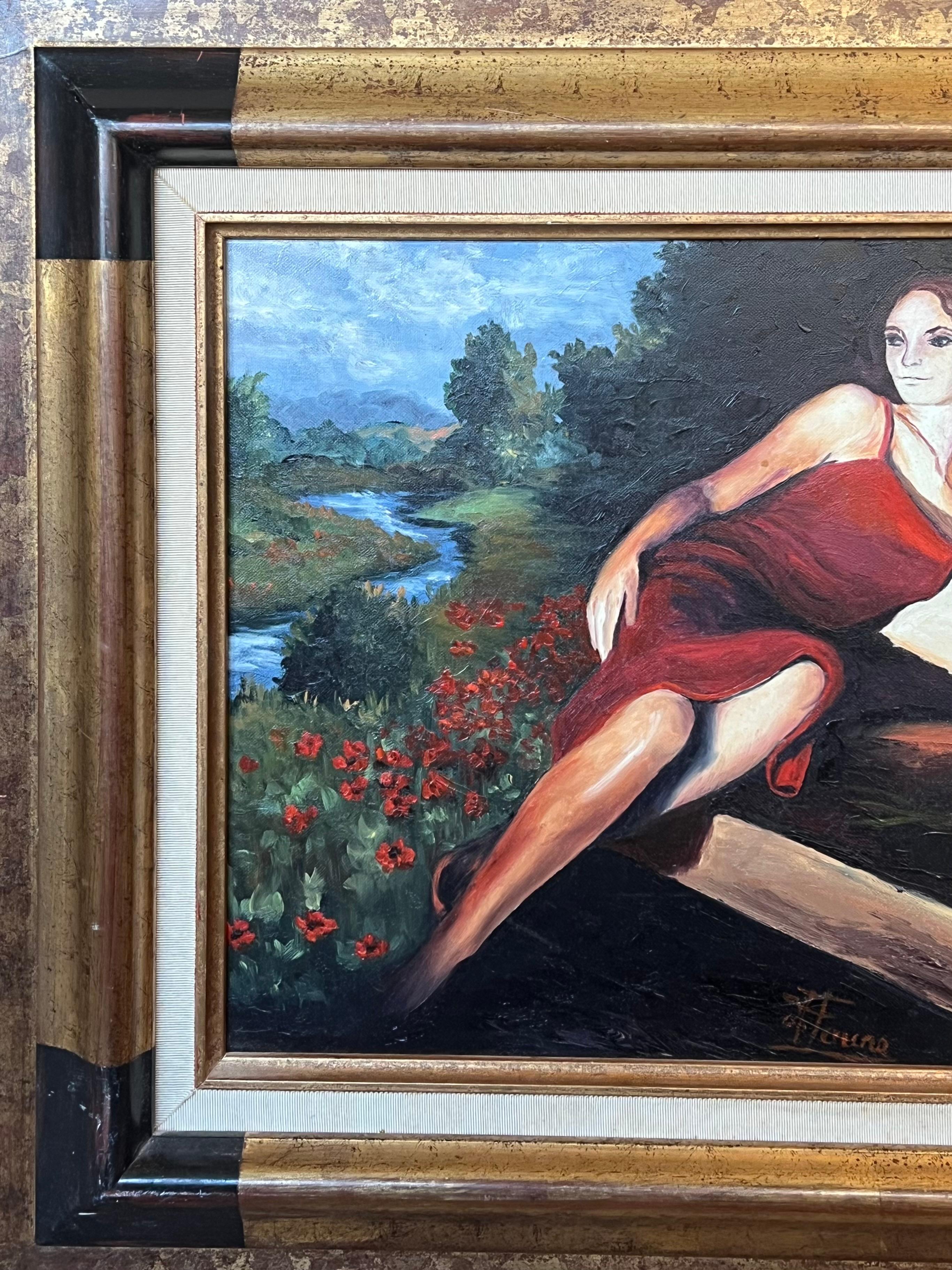 Portrait of a Posed Lady in Red In Flowing River Landscape 20th Century Framed - French School Painting by Annie Faure