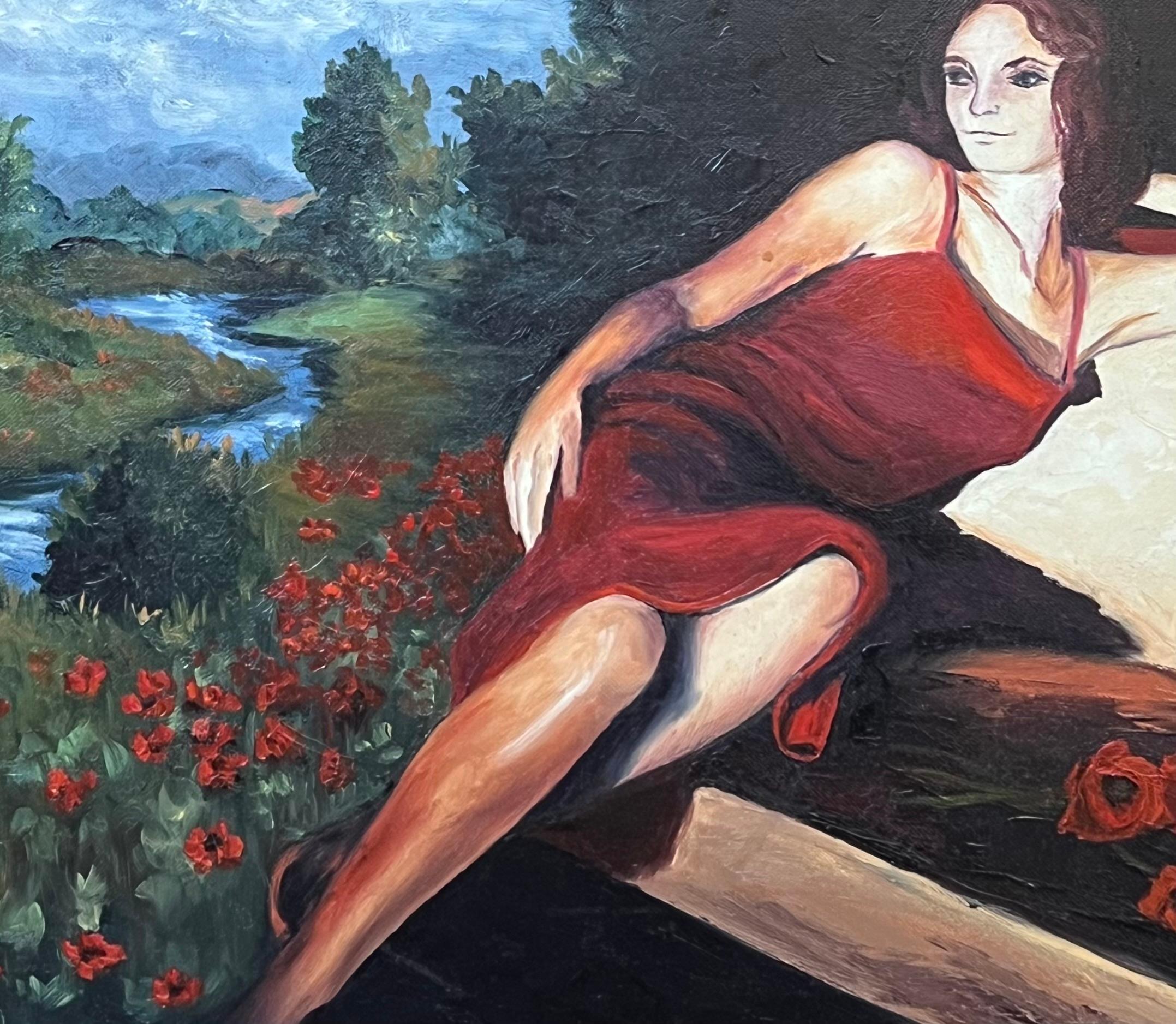 Portrait of a Posed Lady in Red In Flowing River Landscape 20th Century Framed - Brown Portrait Painting by Annie Faure