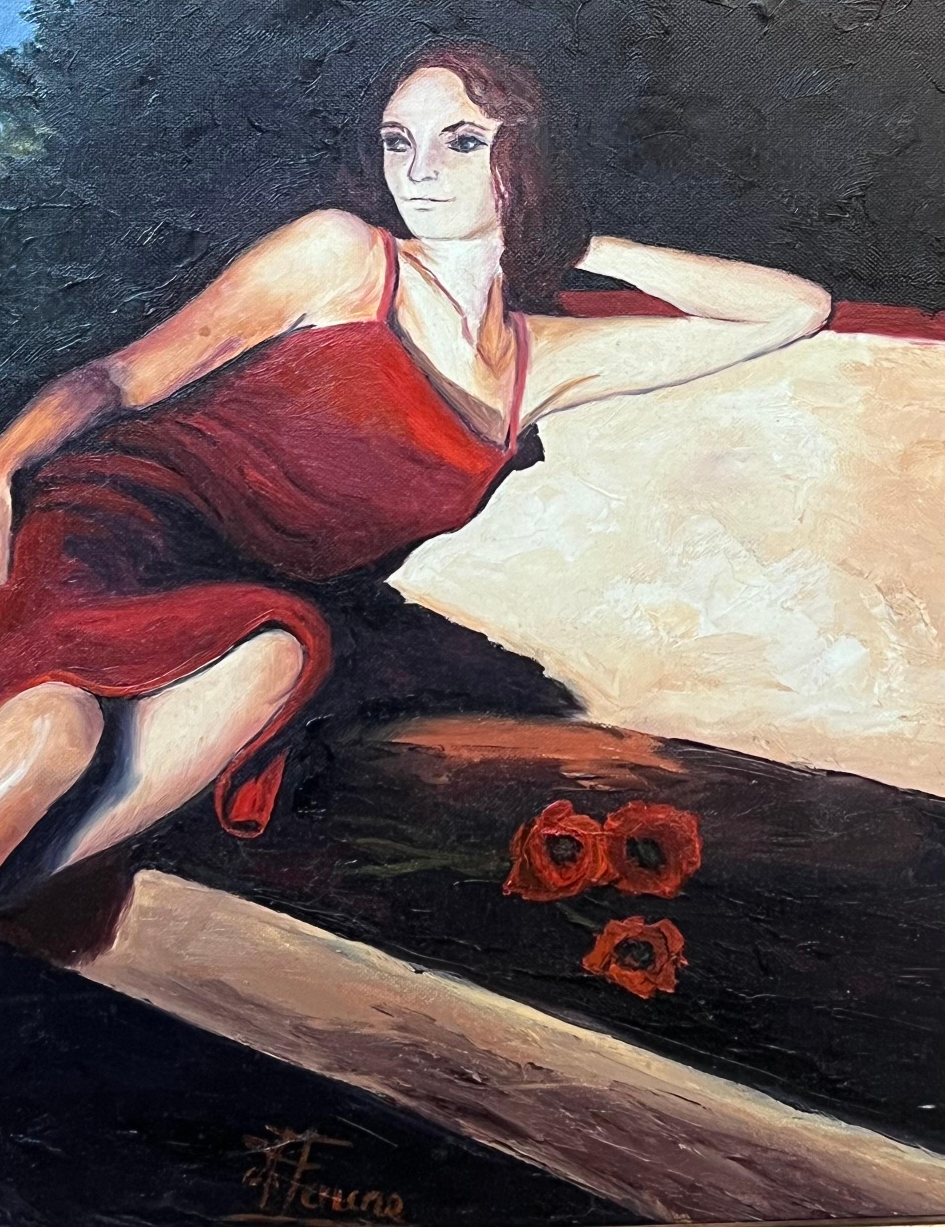 Lady in Red
by Annie Faure (French 1940-2021)
signed lower corner
oil painting on canvas, framed
framed: 20 x 23 inches
canvas size: 13 x 16 inches
condition: overall very good, minor surface scuffs from previous storage
provenance: from the artists