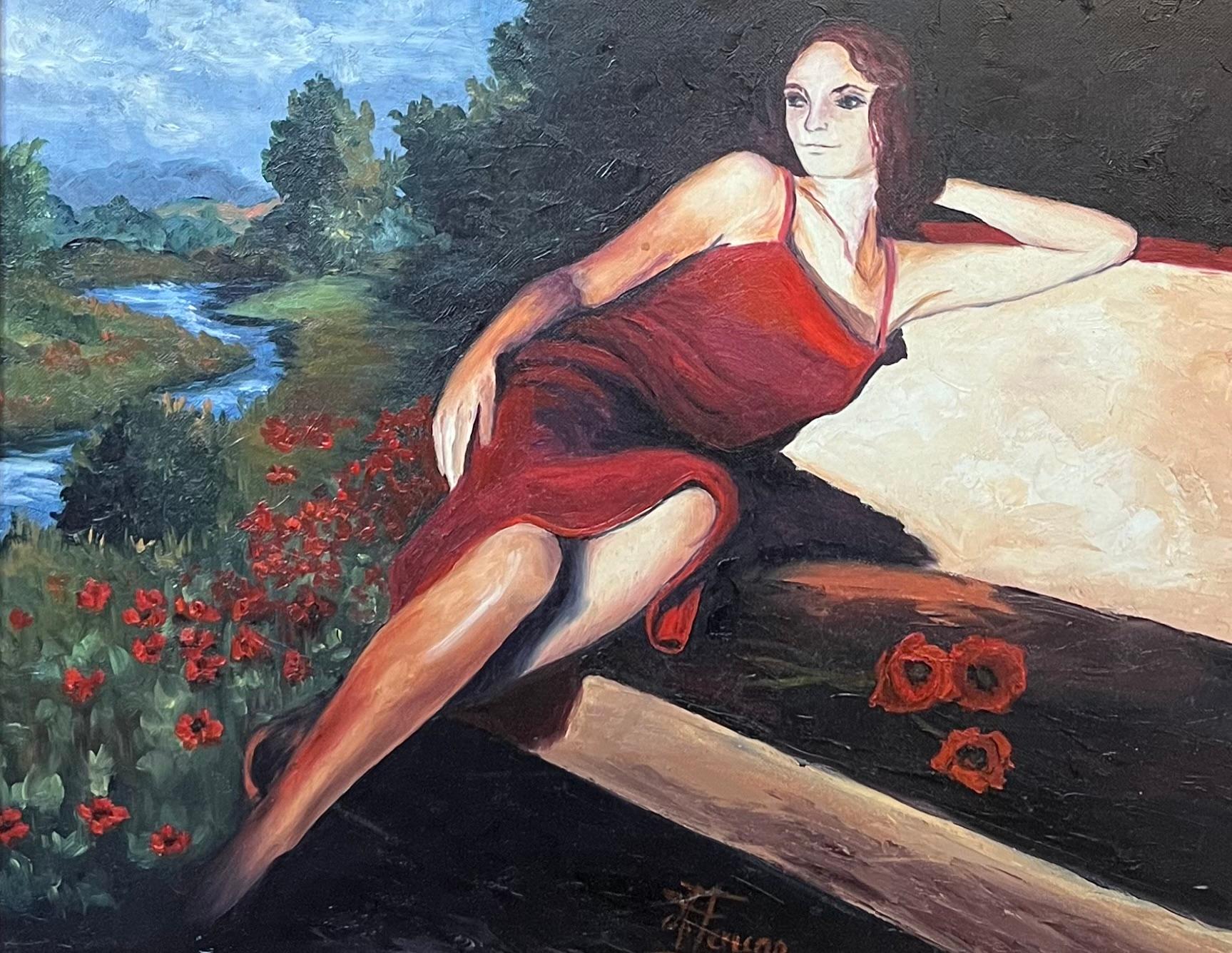 Portrait of a Posed Lady in Red In Flowing River Landscape 20th Century Framed For Sale 1