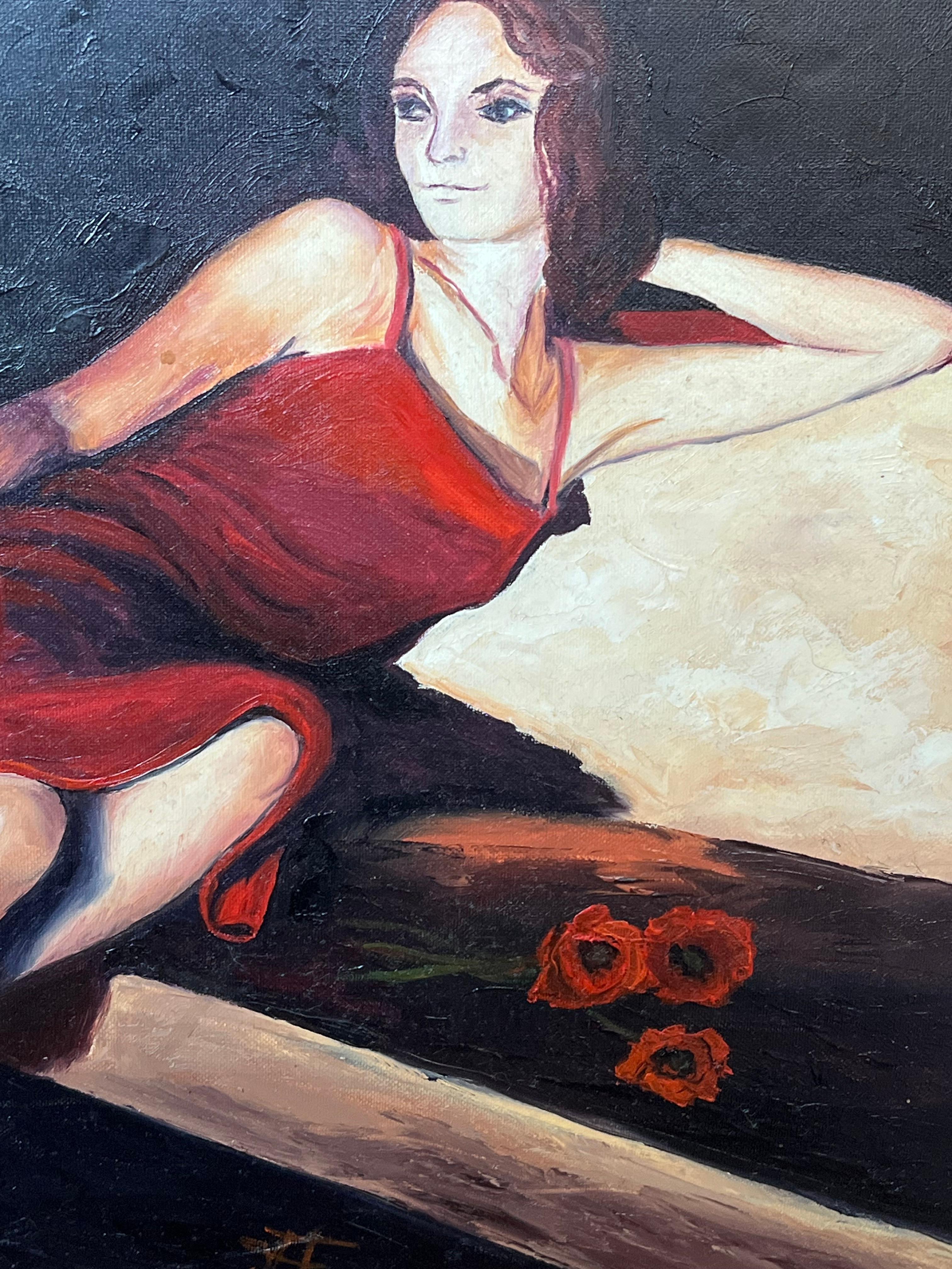 Portrait of a Posed Lady in Red In Flowing River Landscape 20th Century Framed For Sale 2