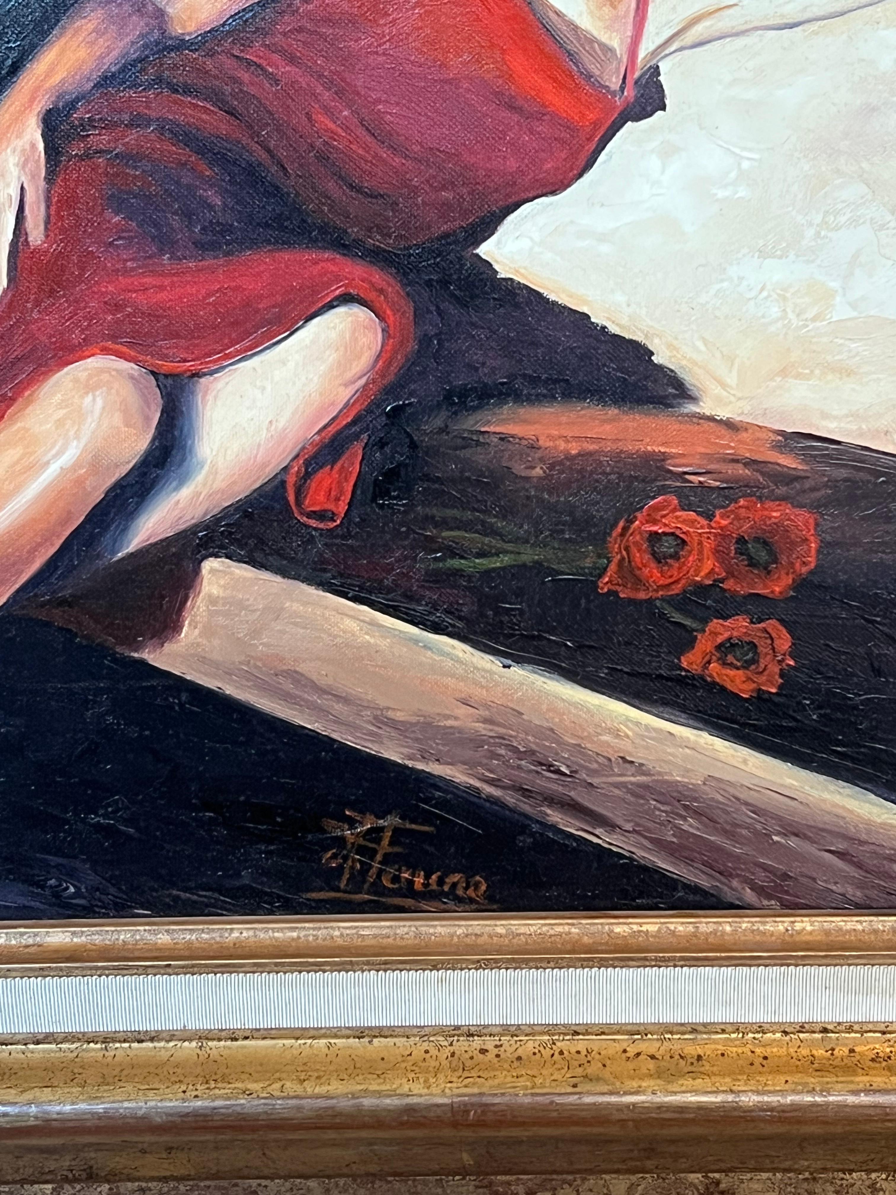 Portrait of a Posed Lady in Red In Flowing River Landscape 20th Century Framed For Sale 3