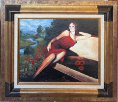 Portrait of a Posed Lady in Red In Flowing River Landscape 20th Century Framed