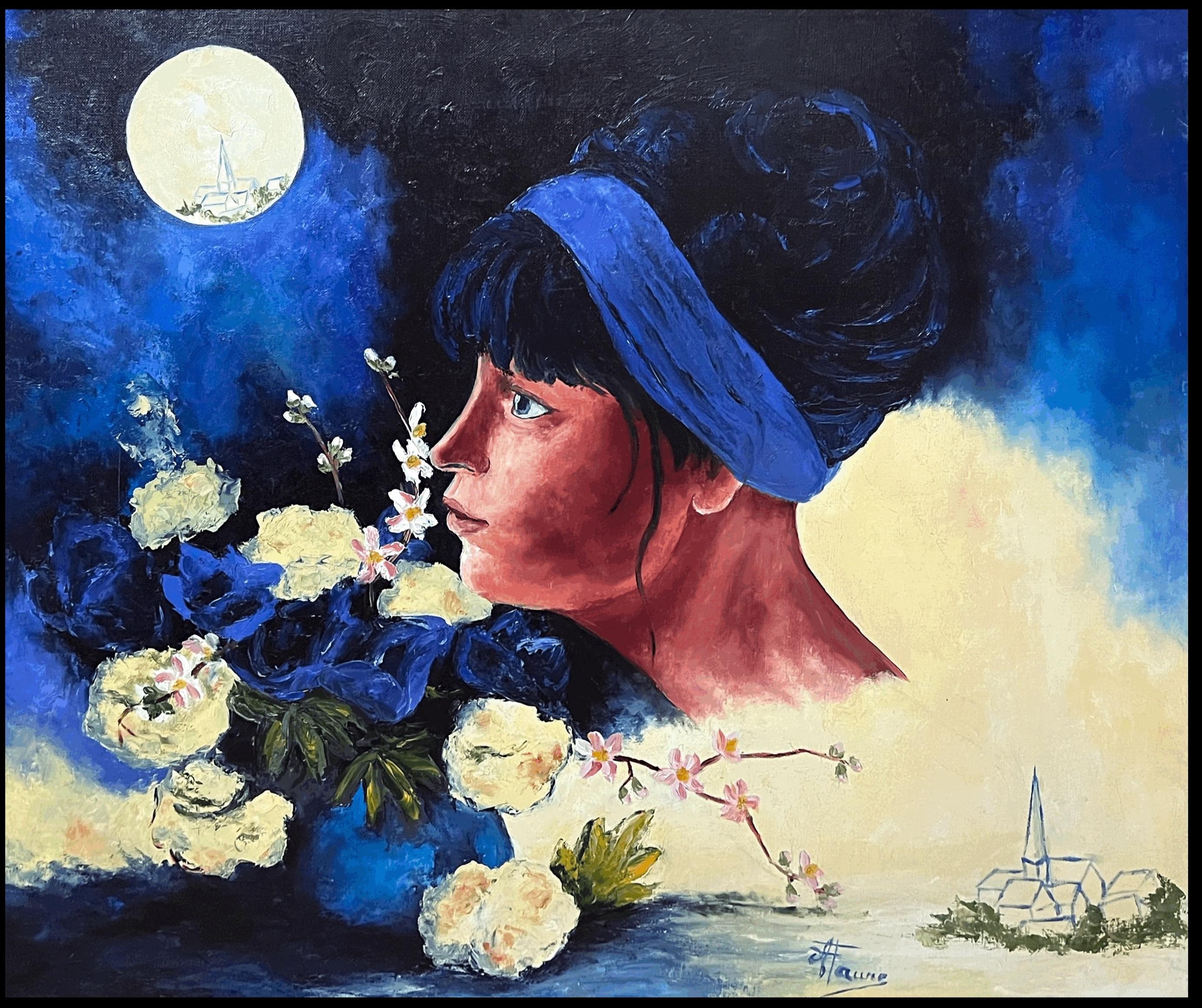 Ritratto di donna che guarda al chiaro di luna Paesaggio del XX secolo Olio su tela - Painting di Annie Faure