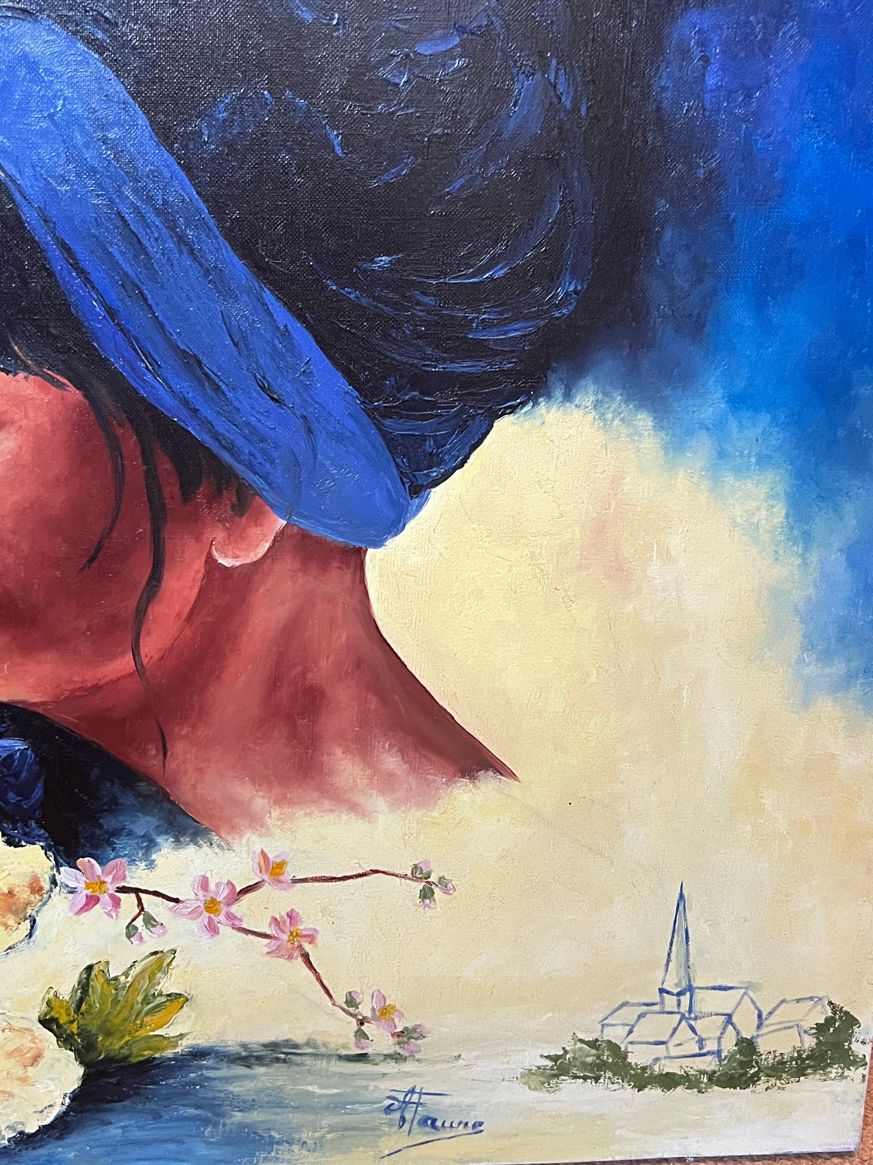 Ritratto di donna che guarda al chiaro di luna Paesaggio del XX secolo Olio su tela - Figurative Painting Viola di Annie Faure