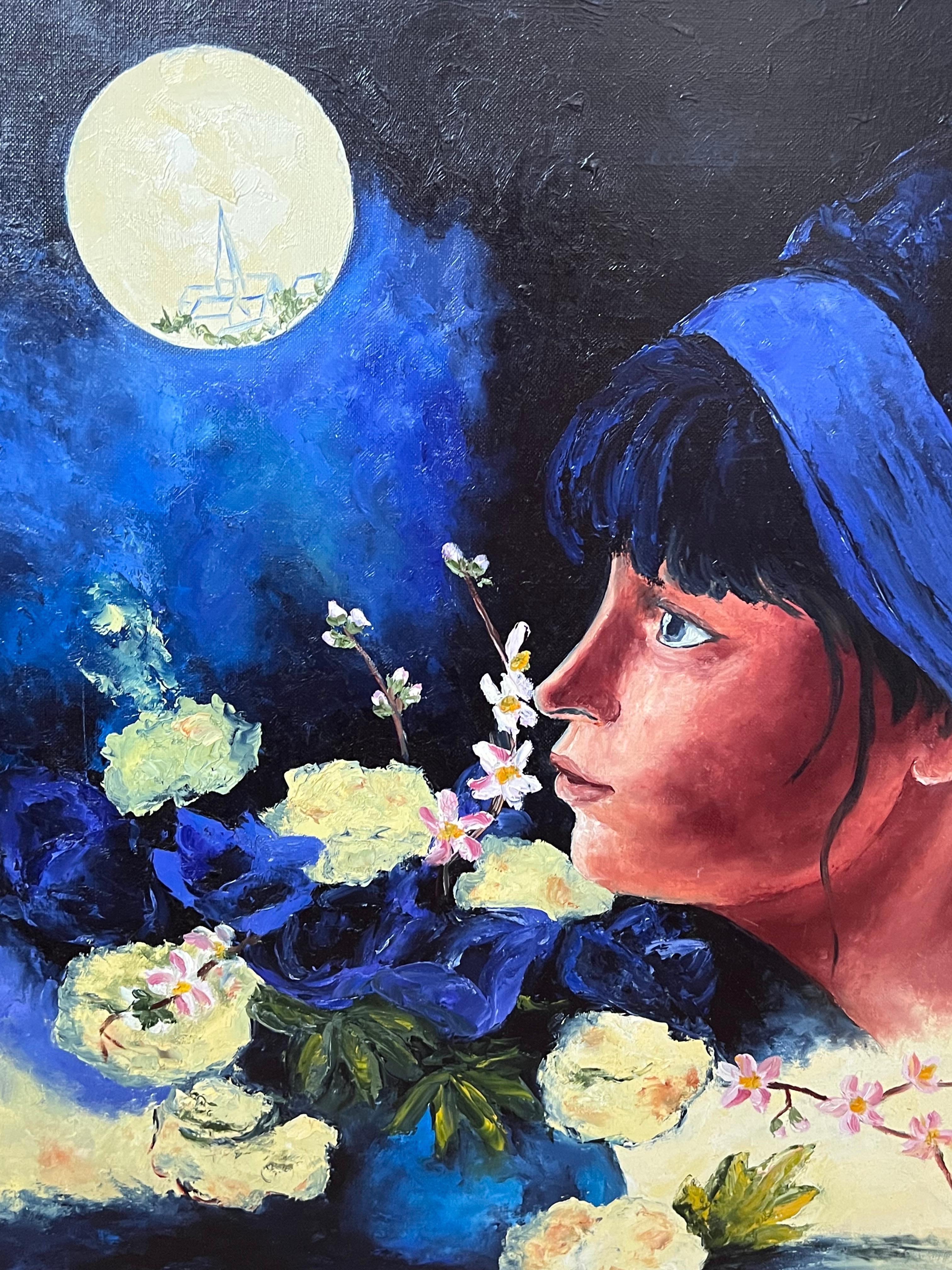 Ritratto di donna che guarda al chiaro di luna Paesaggio del XX secolo Olio su tela in vendita 1