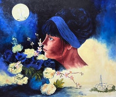 Retrato de mujer contemplando un paisaje a la luz de la luna Siglo XX Óleo jadeante