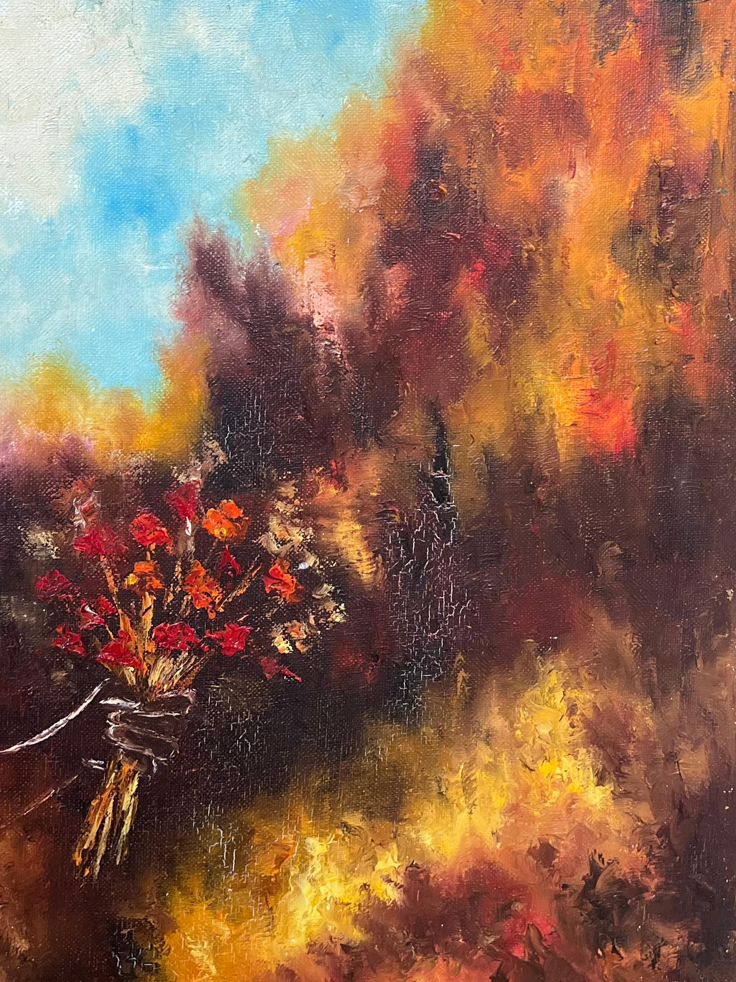 Porträt eines jungen Mädchens, Blumen Picking, Französisches Ölgemälde des 20. Jahrhunderts – Painting von Annie Faure