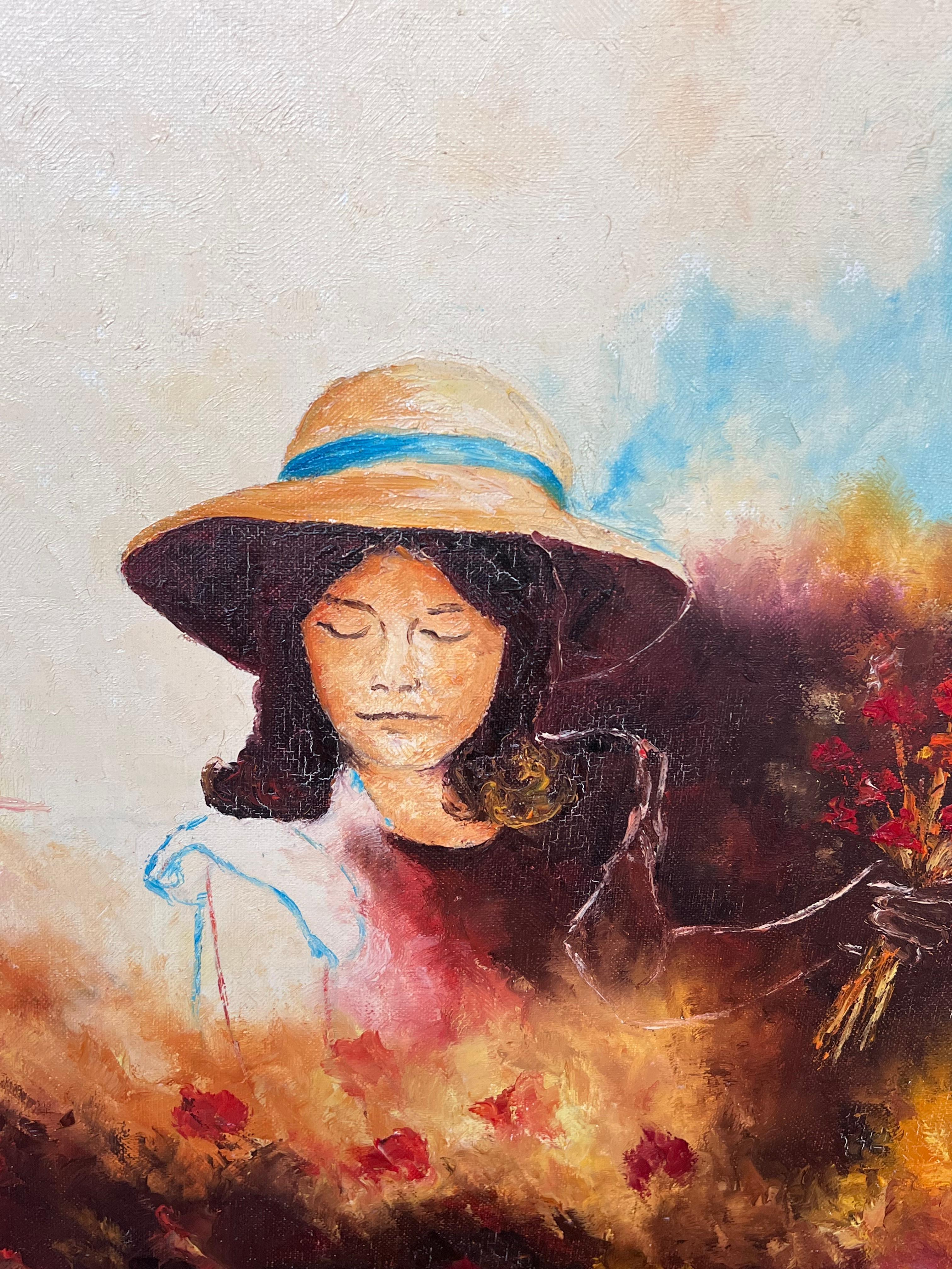 Porträt eines jungen Mädchens, Blumen Picking, Französisches Ölgemälde des 20. Jahrhunderts (Französische Schule), Painting, von Annie Faure