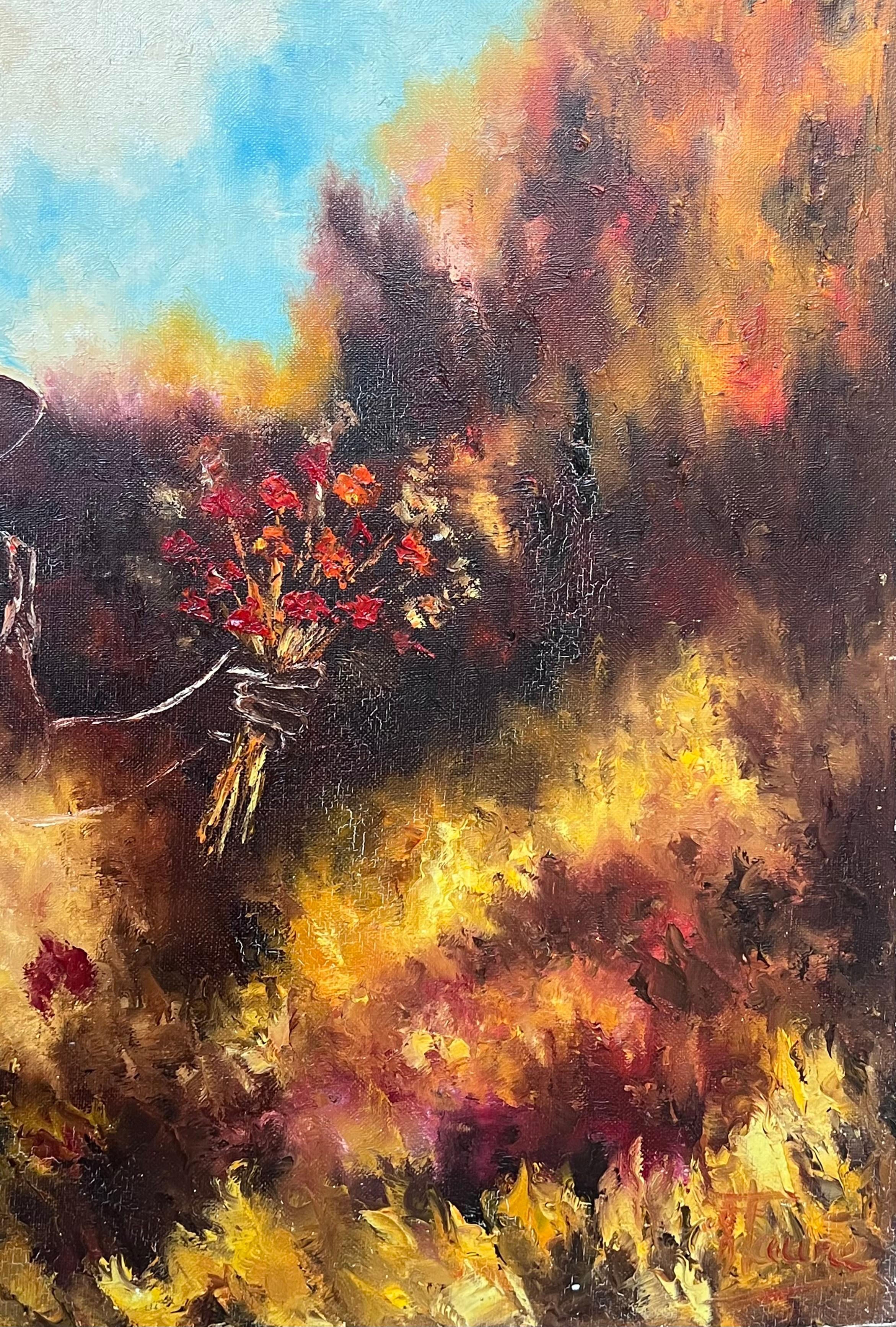 Porträt eines jungen Mädchens, Blumen Picking, Französisches Ölgemälde des 20. Jahrhunderts (Braun), Landscape Painting, von Annie Faure