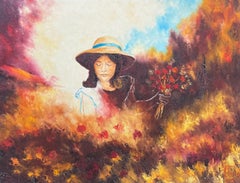Portrait of a Young Girl Flower Picking 20th Century French Oil Painting