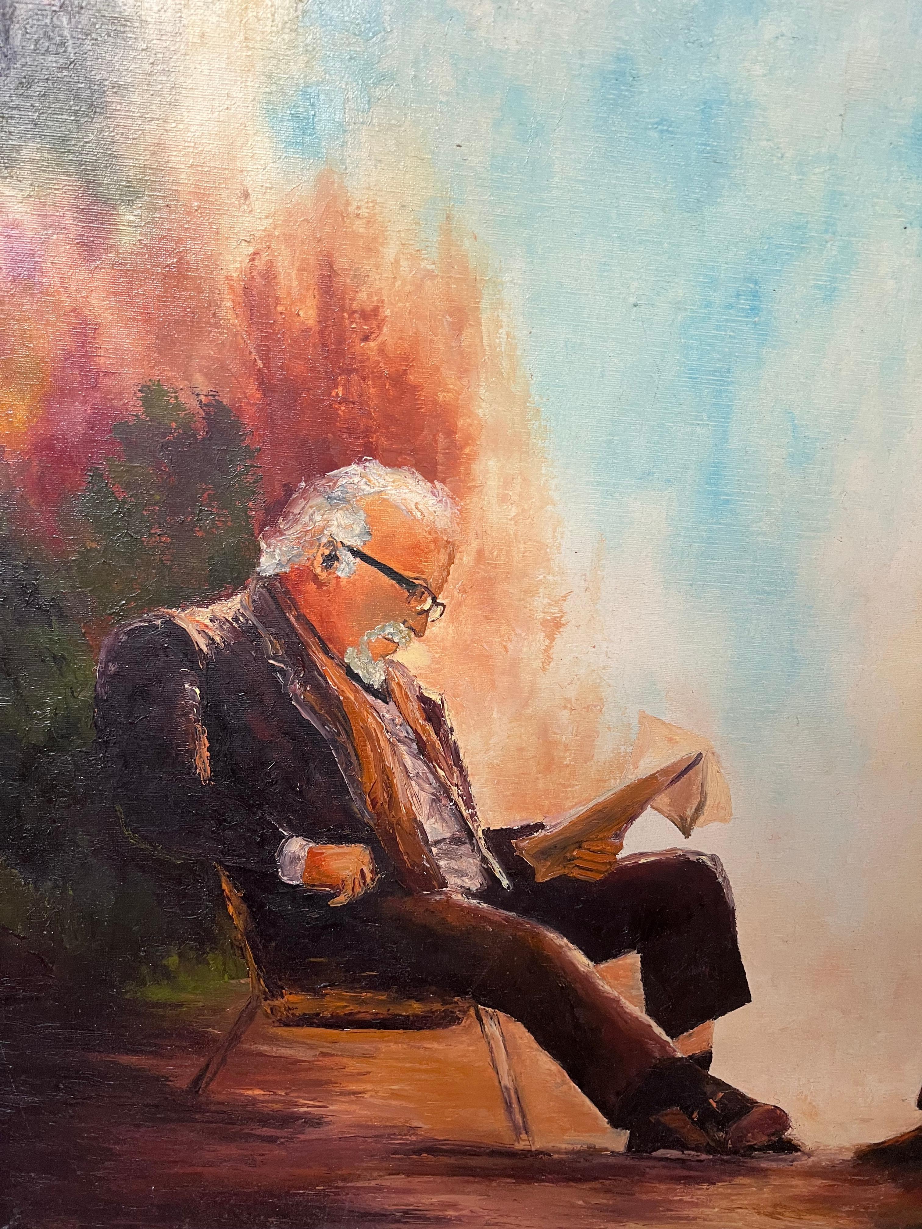 Französisches Ölgemälde, Porträt von drei Männern, die Zeitung besprechen, 20. Jahrhundert – Painting von Annie Faure