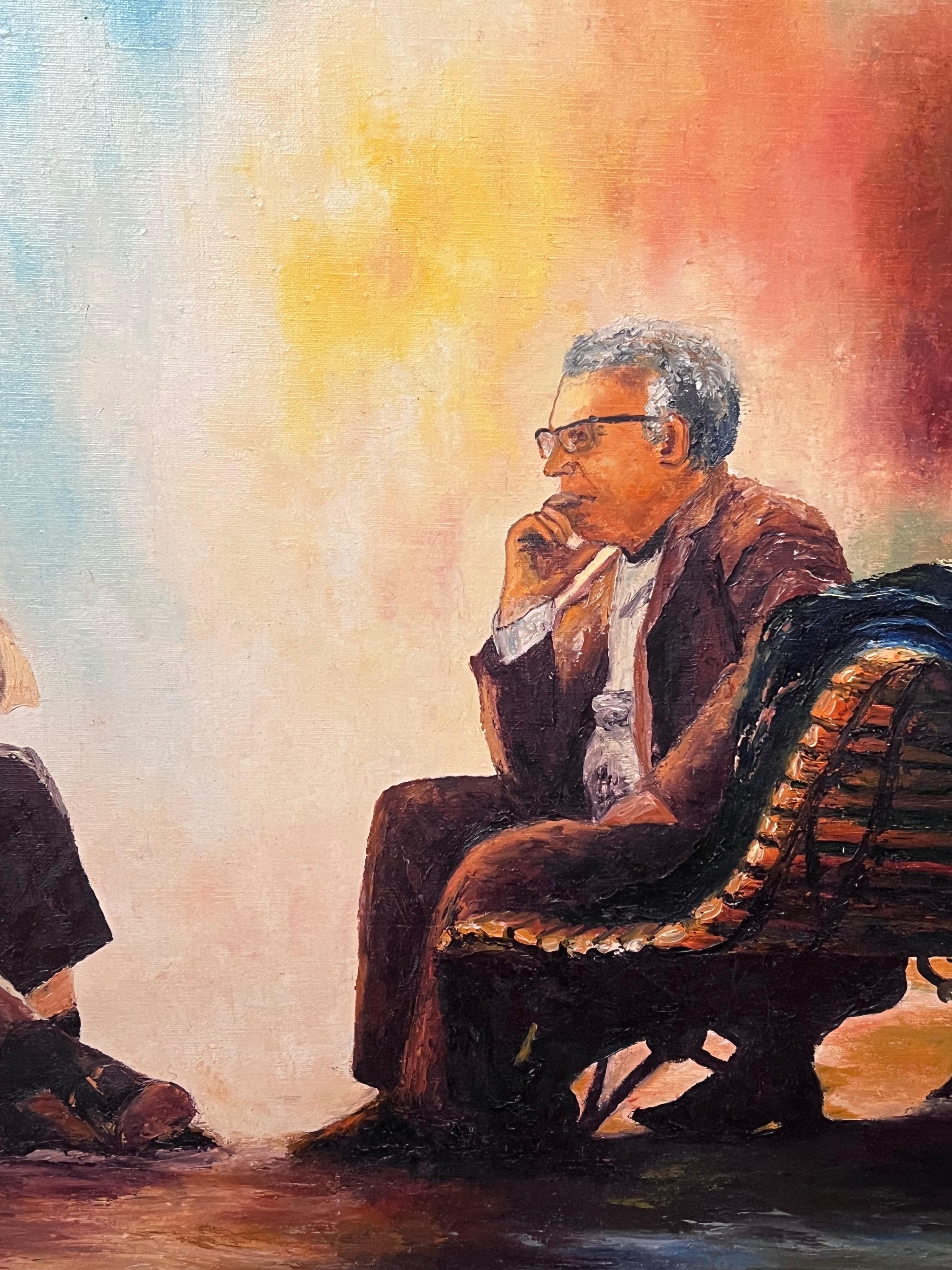 Gentleman-Diskussionen
von Annie Faure (Französisch 1940-2021)
signiert untere Ecke
Ölgemälde auf Leinwand, ungerahmt
Größe der Leinwand: 24 x 35,5 Zoll
Zustand: insgesamt sehr gut, kleinere Oberflächenabschürfungen durch frühere Lagerung
Herkunft: