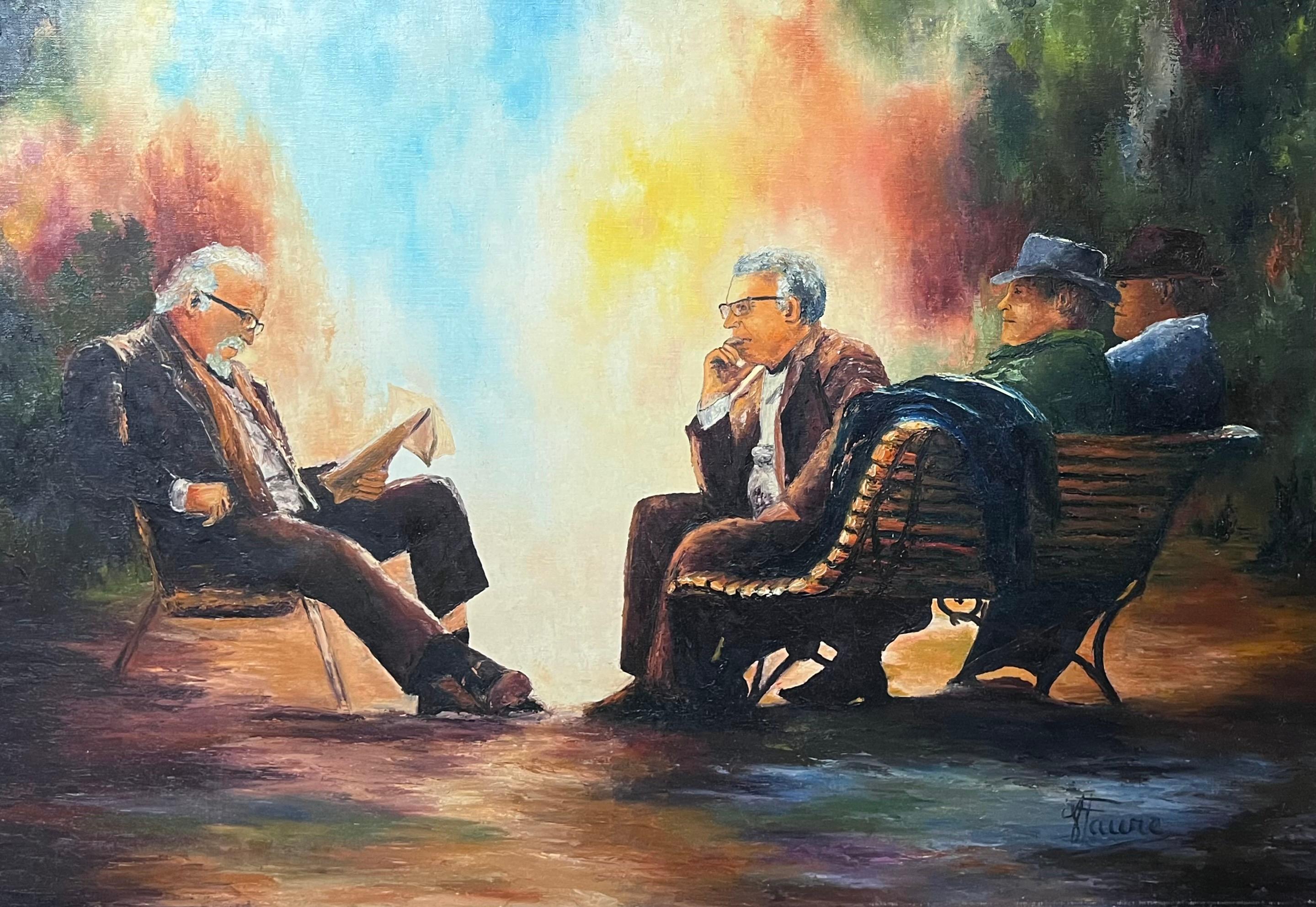 Annie Faure Portrait Painting – Französisches Ölgemälde, Porträt von drei Männern, die Zeitung besprechen, 20. Jahrhundert