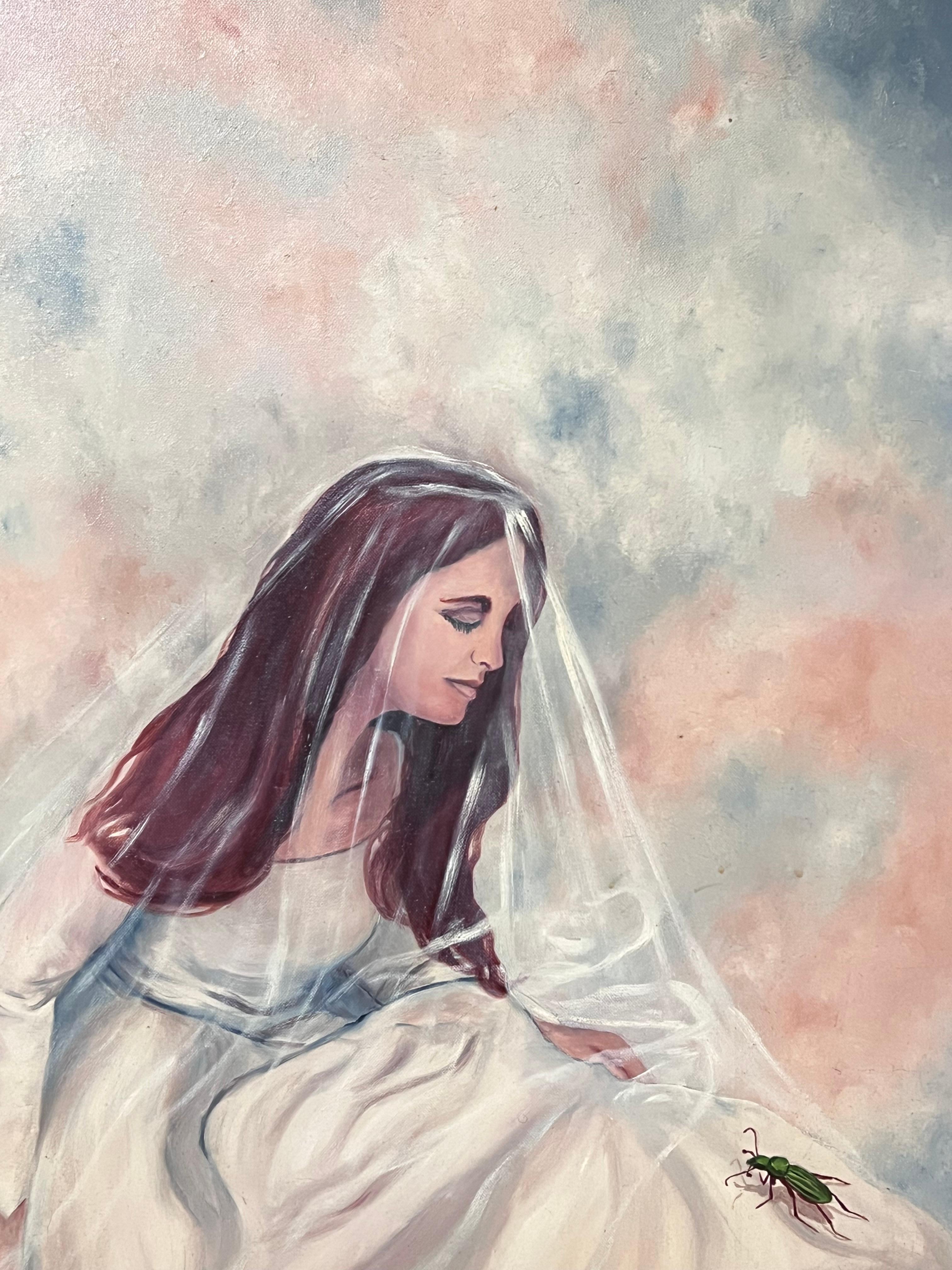 Porträt einer jungen Dame in Hochzeitskleid Großes französisches Ölgemälde des 20. Jahrhunderts im Angebot 1