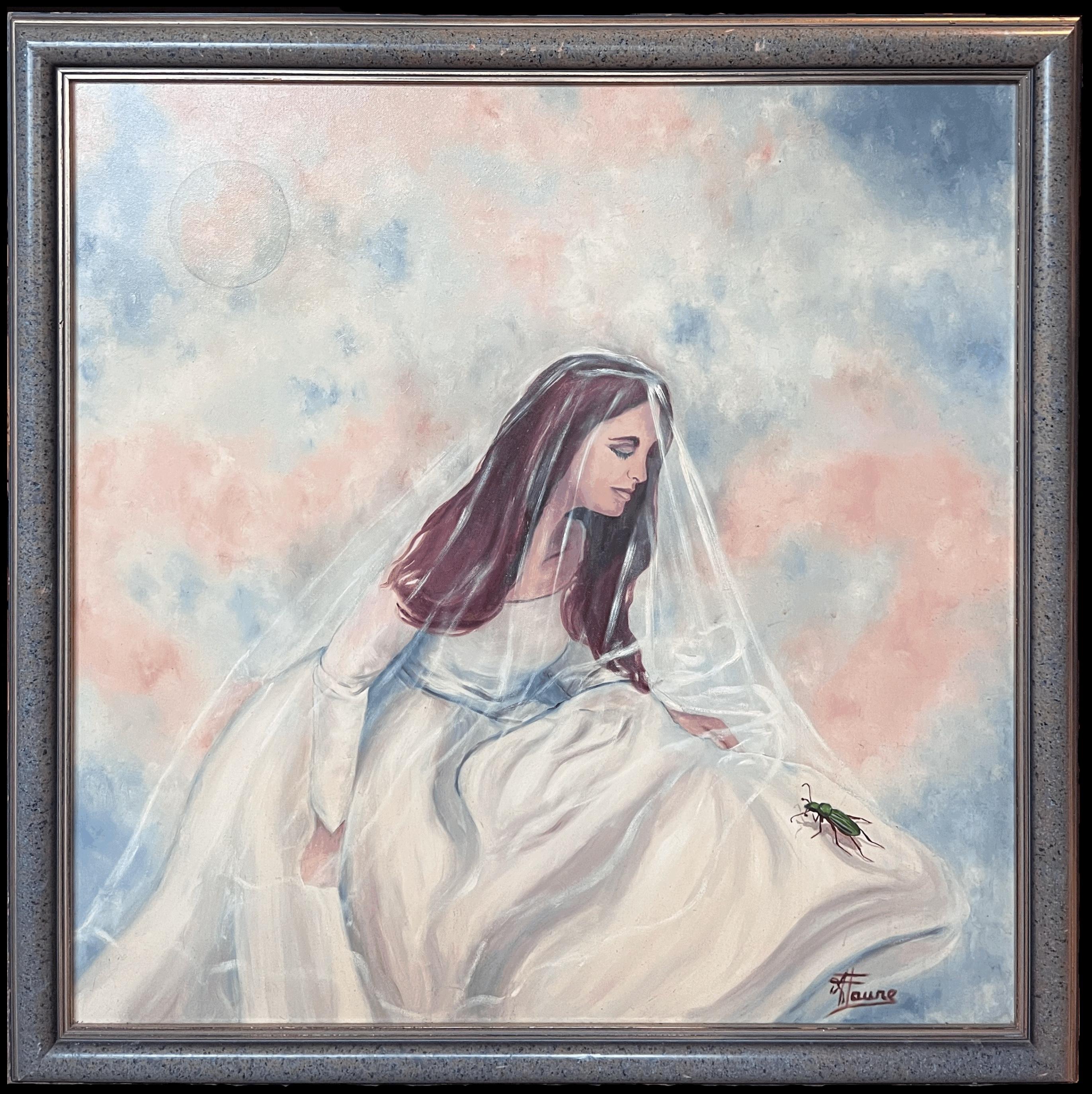 Annie Faure Portrait Painting – Porträt einer jungen Dame in Hochzeitskleid Großes französisches Ölgemälde des 20. Jahrhunderts