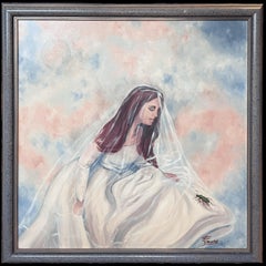 Portrait of Young Lady in Wedding Dress Large 20th Century French Oil Painting